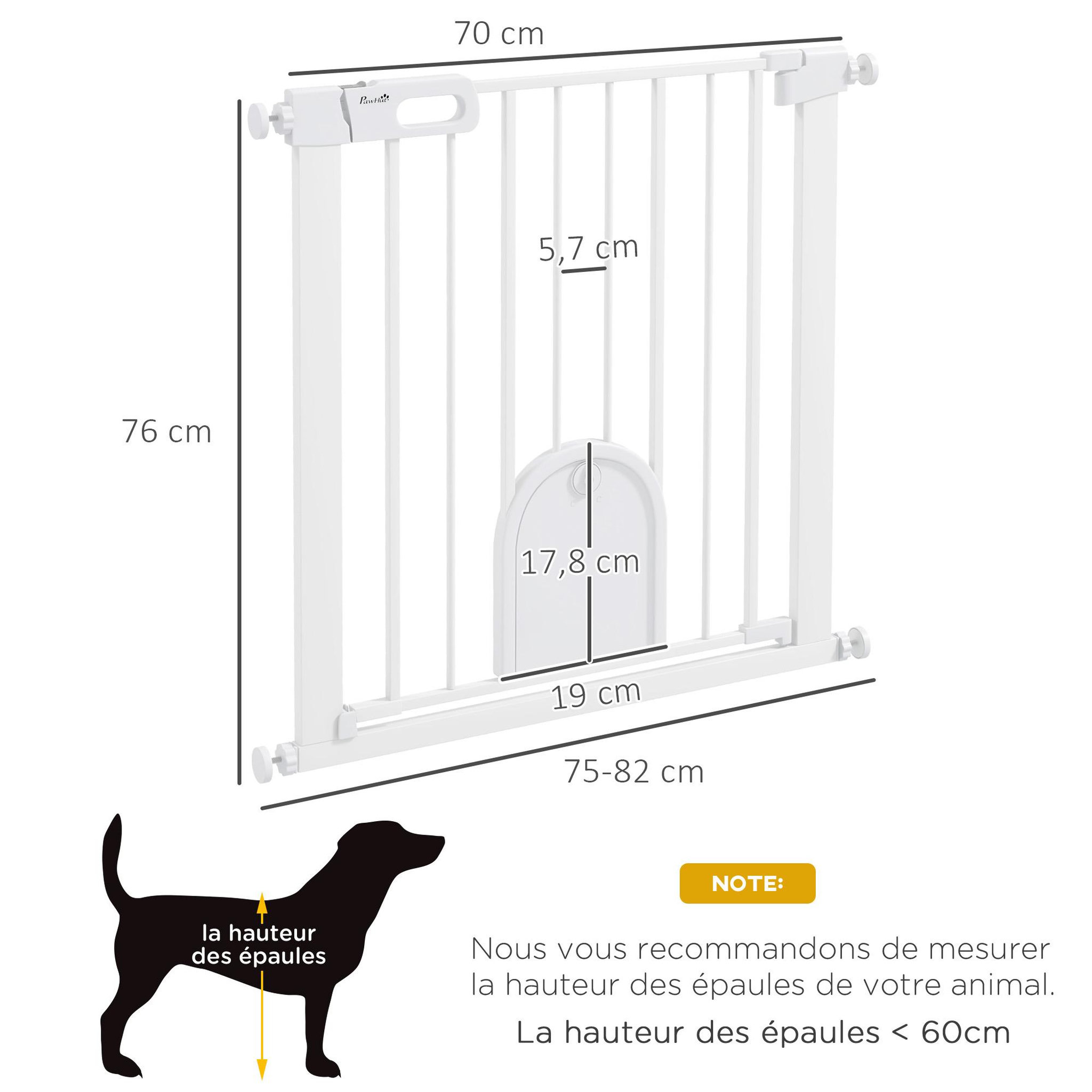 Voir la diapositive 3 : PAWHUT Barrière de sécurité chien l.75-82 x h.76 cm porte verrouillable fixation pression blanc