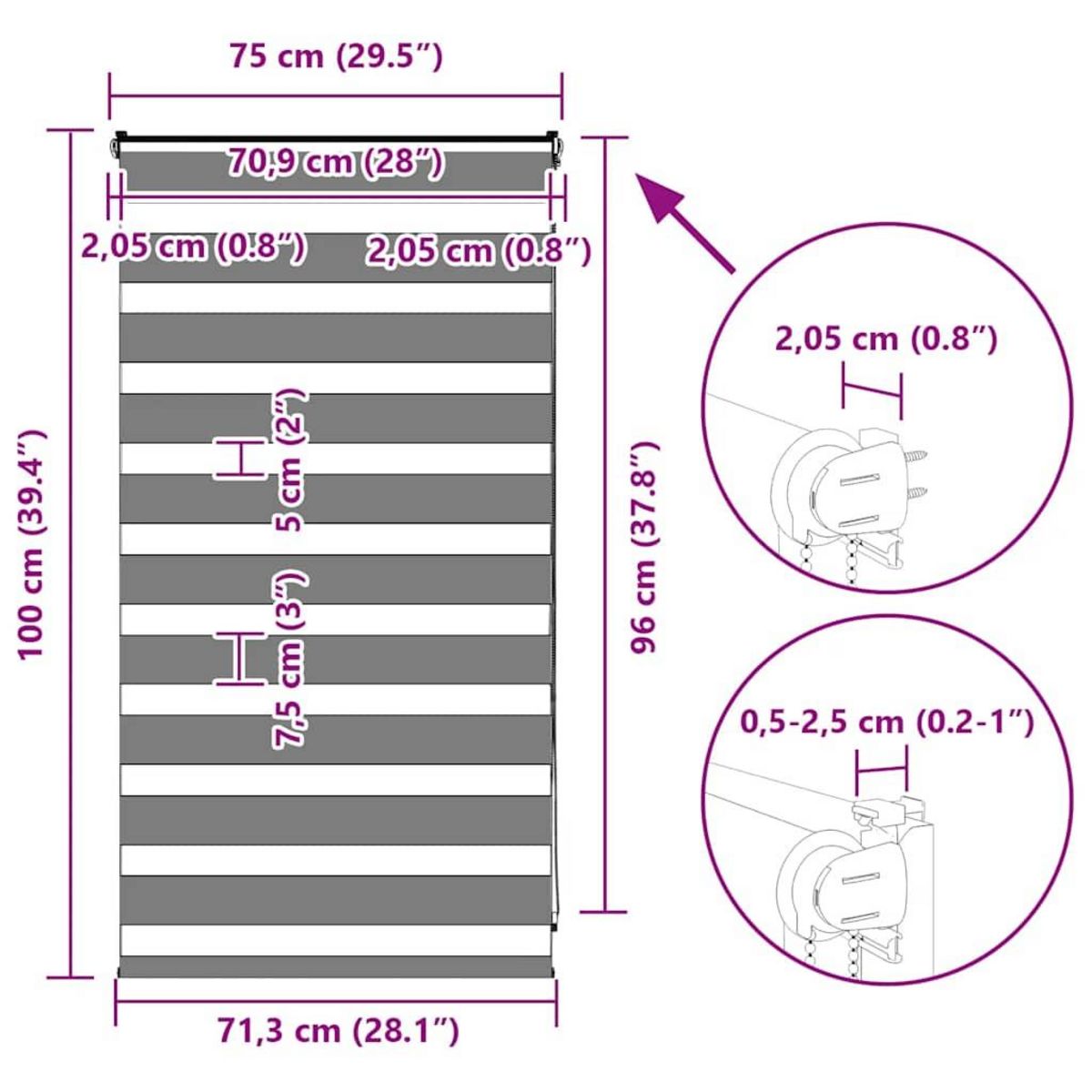 VIDAXL Store zebre blanc 75x100 cm largeur du tissu 70,9 cm polyester