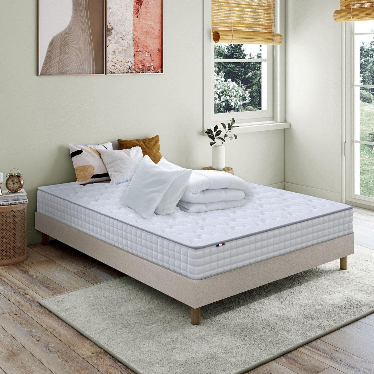 IDLITERIE Pack matelas ressorts ASTRE + sommier kit beige + couette et oreillers 140x190