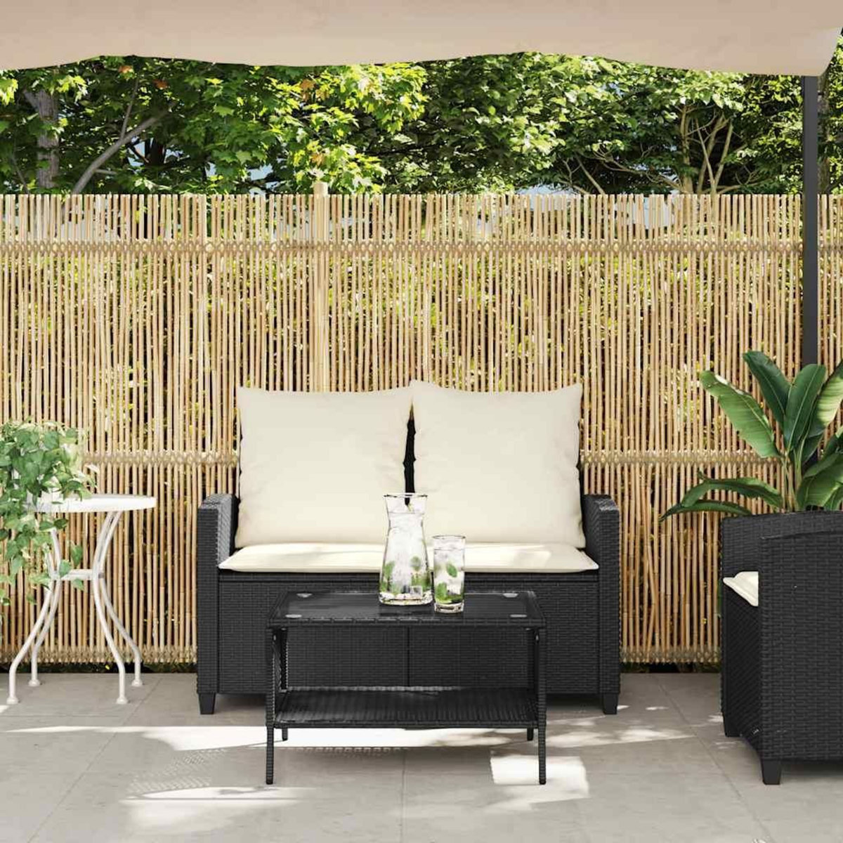 VIDAXL Canape de jardin 2 places coussins et table noir resine tressee