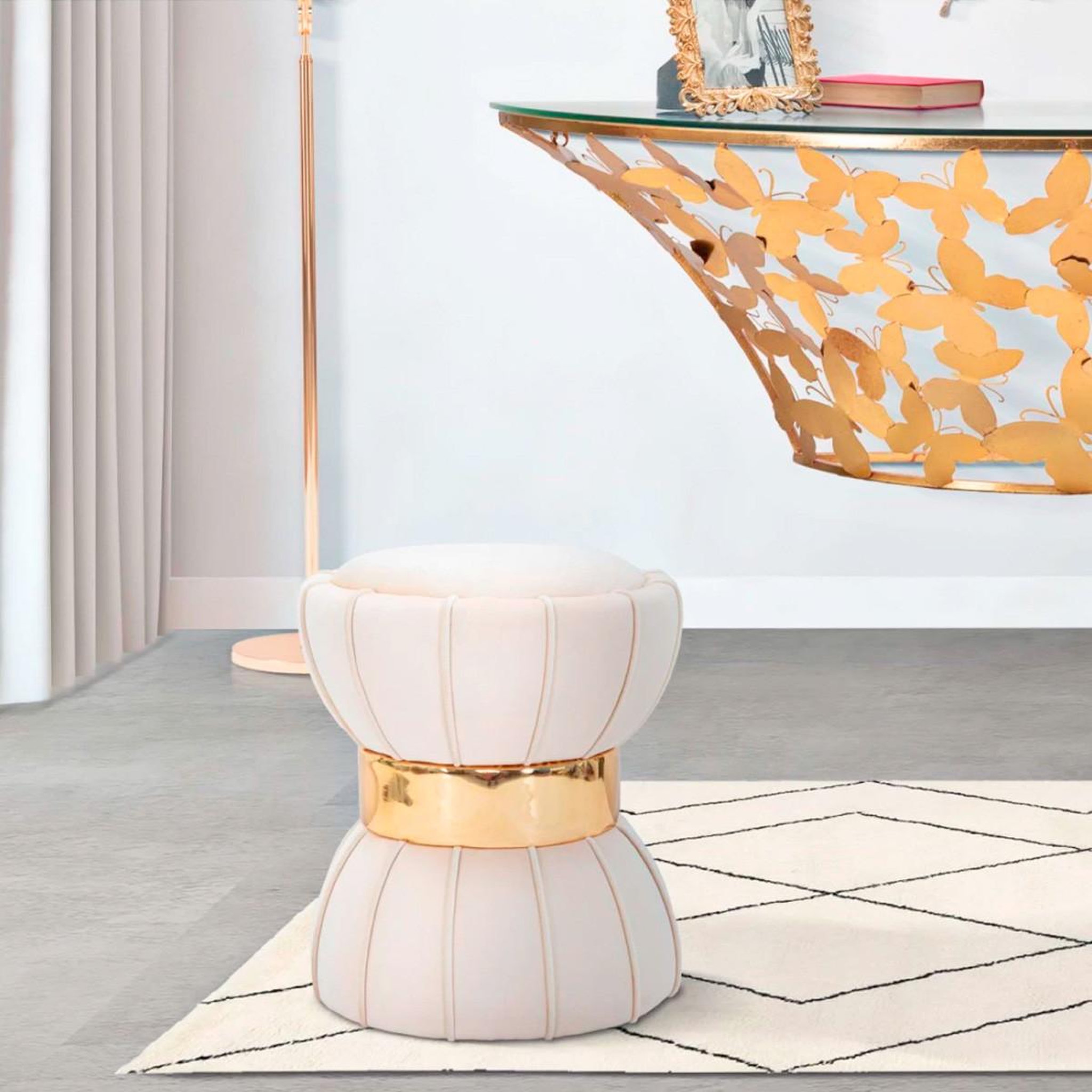 Voir la diapositive 5 : Paris Prix Pouf design en velours  flower  44cm crème & or