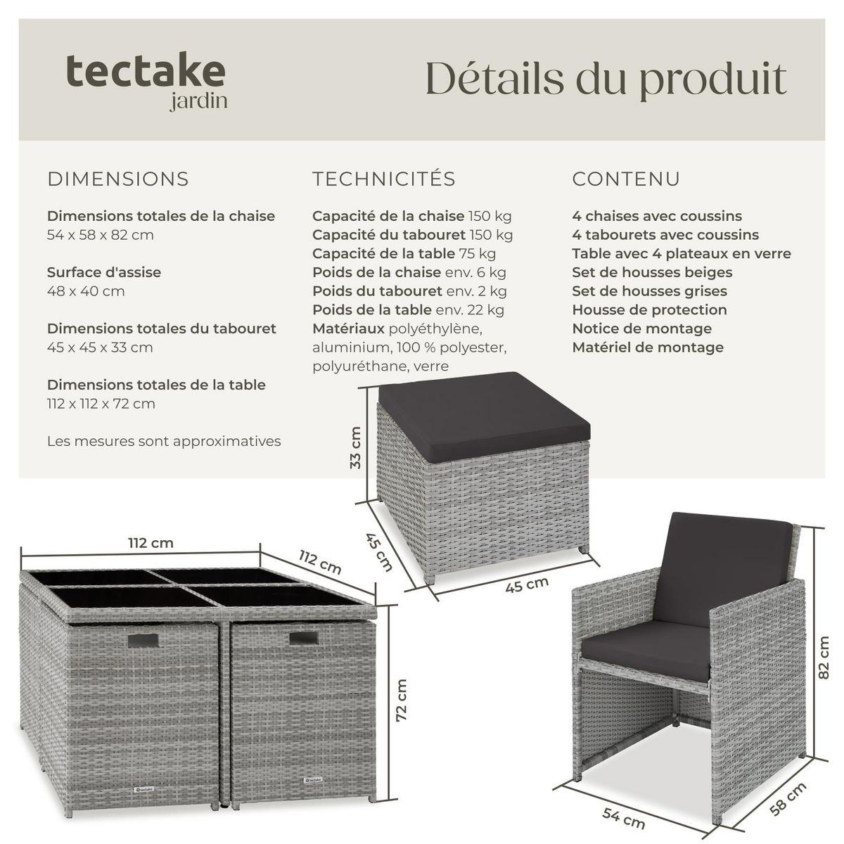 tectake Salon de jardin avec cadre en aluminium gris clair