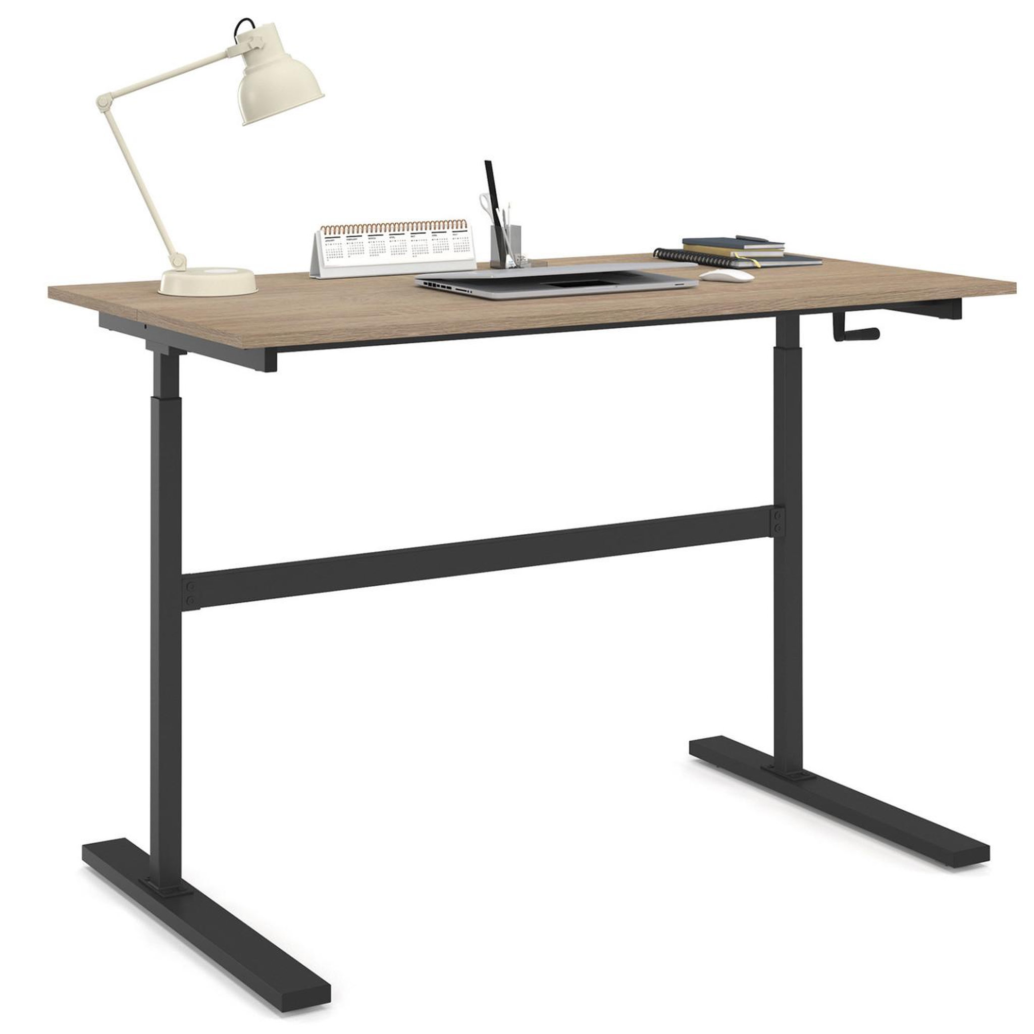 ID MARKET Bureau droit jeanne assis debout à manivelle hauteur réglable 70 - 120 cm bois façon hêtre et noir