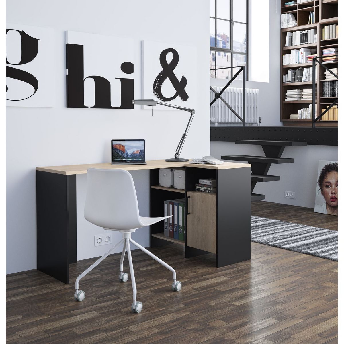 Bureau d'angle droit style indutriel avec rangement L136cm CHELSEA