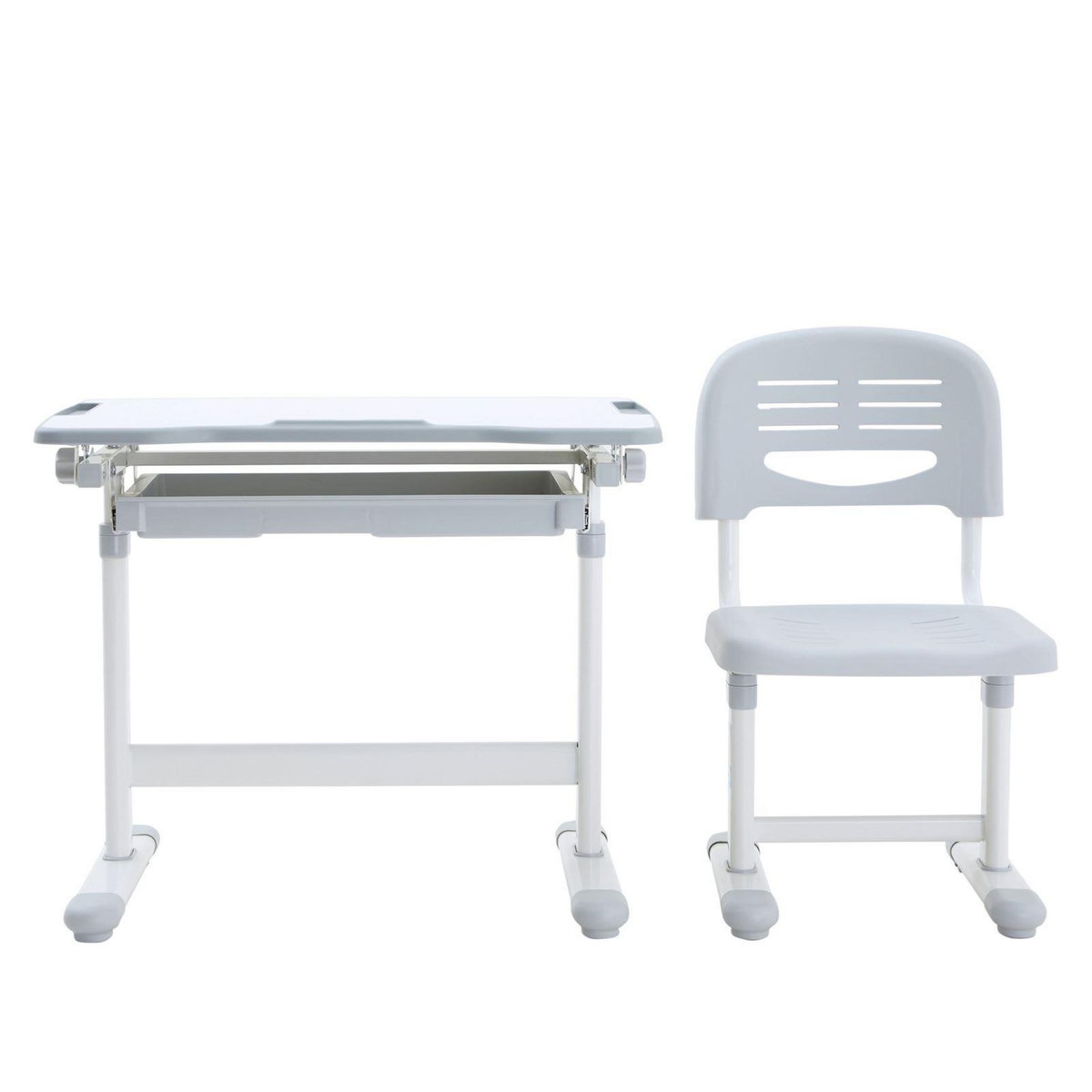 IDIMEX Ensemble bureau et chaise pour enfant TUTTO table et chaise réglable en hauteur, pupitre inclinable, métal blanc et plastique gris