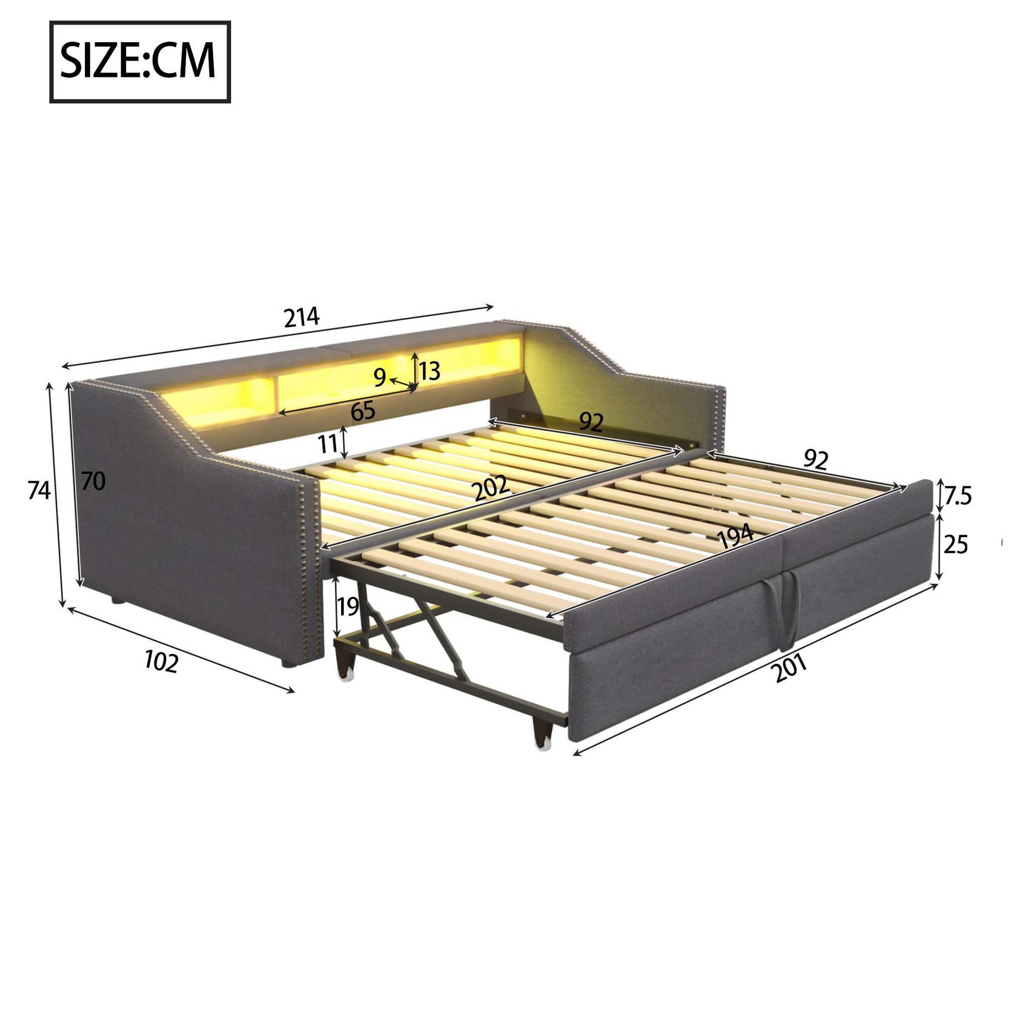 Voir la diapositive 3 : MERAX Lit banquette gigogne rembourré 90x200cm