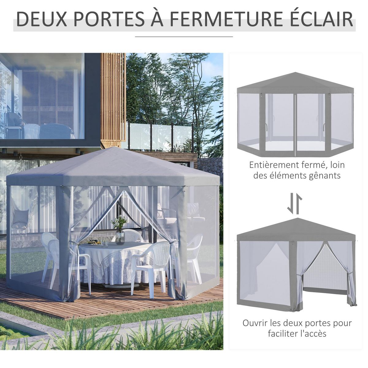 OUTSUNNY Tonnelle barnum tente de réception hexagonale style cosy métal polyester imperméabilisé surface env. 10 m² gris