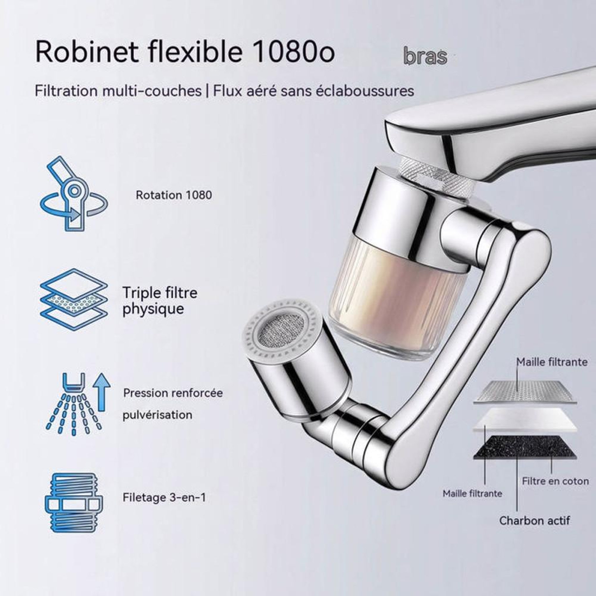 Voir la diapositive 2 : Prolongateur de bec de robinet de salle de bain avec filtre visible pivotant, métal chromé, rotation triaxiale jusqu'à 1440°, 2 modes de jet