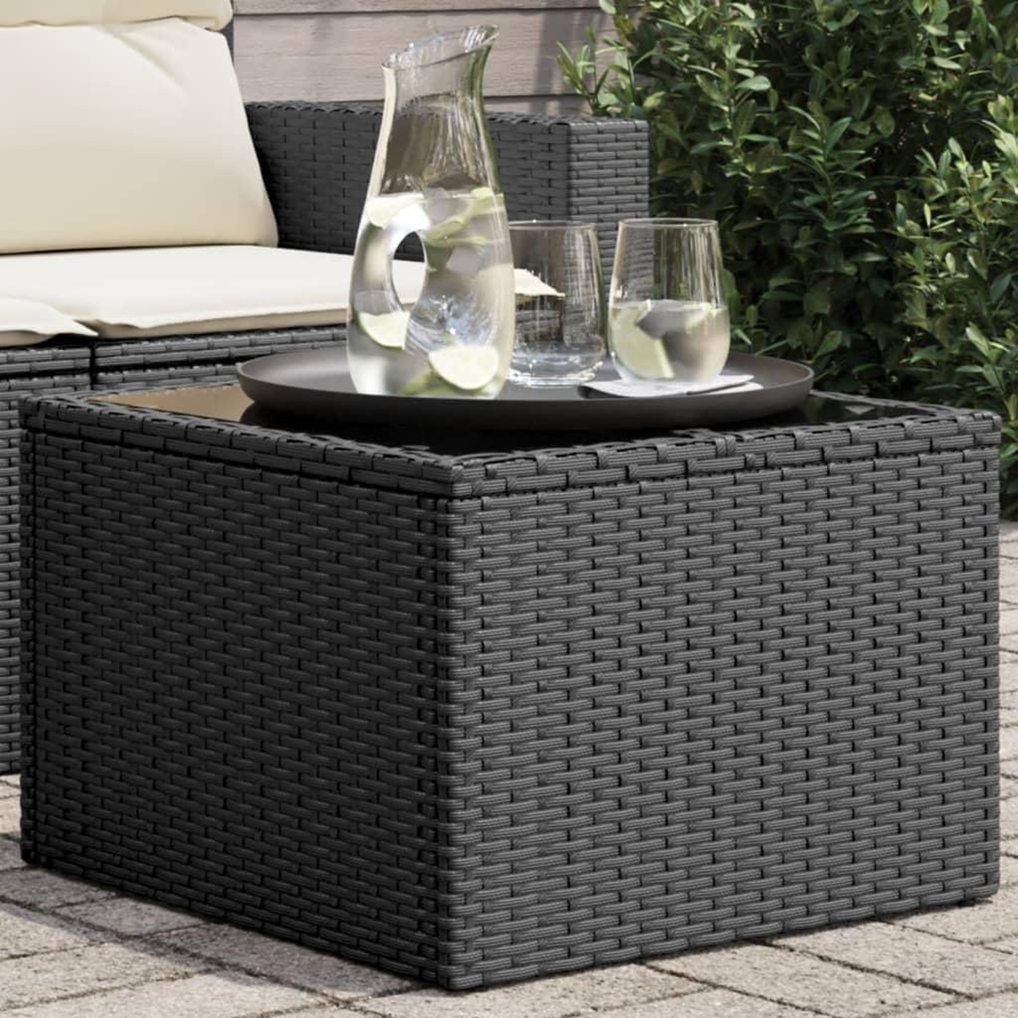 VIDAXL Table de jardin dessus en verre noir 55x55x37 cm resine tressee