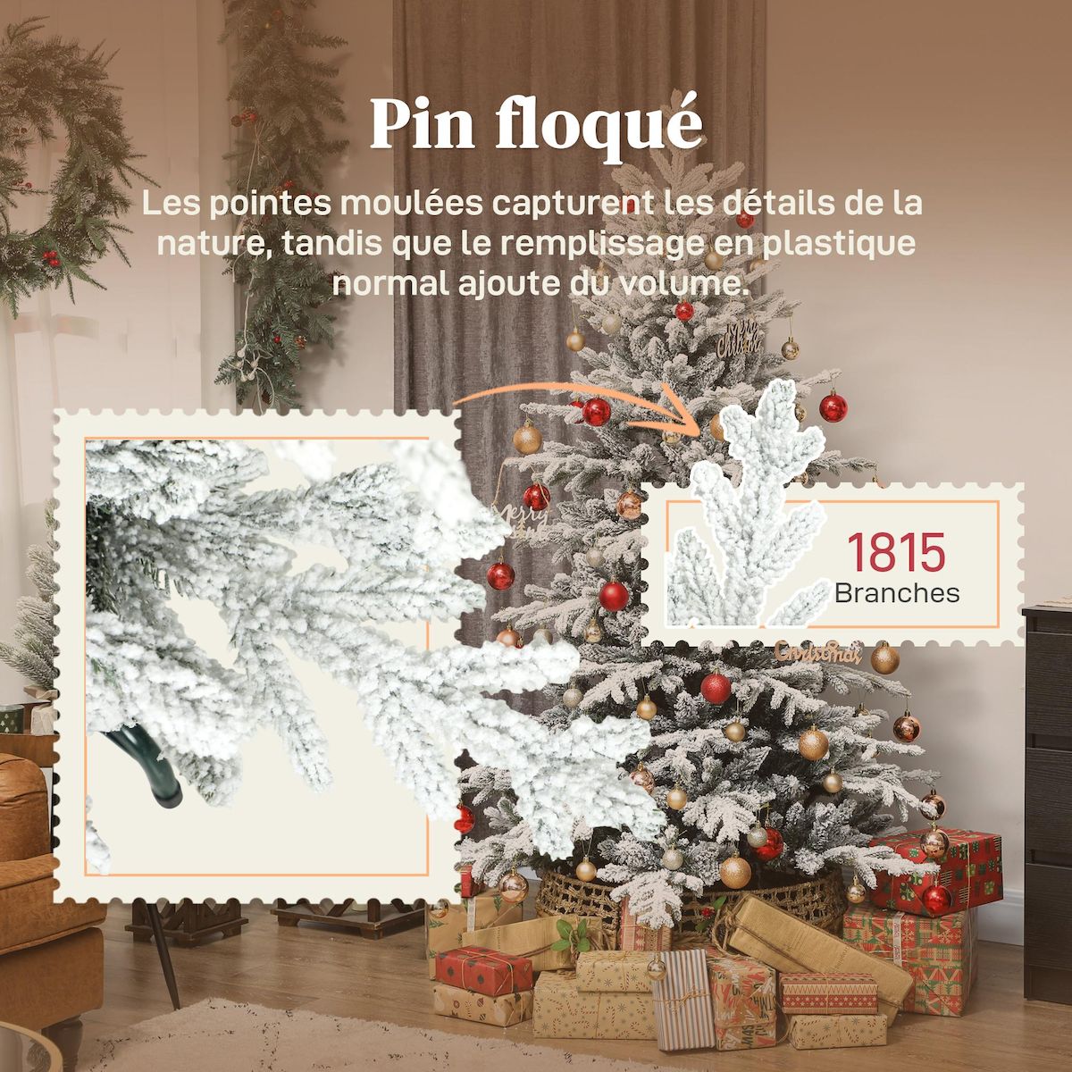 HOMCOM Sapin de Noël artificiel enneigé H.180cm 1815 branches grand réalisme support métal pliable vert blanc