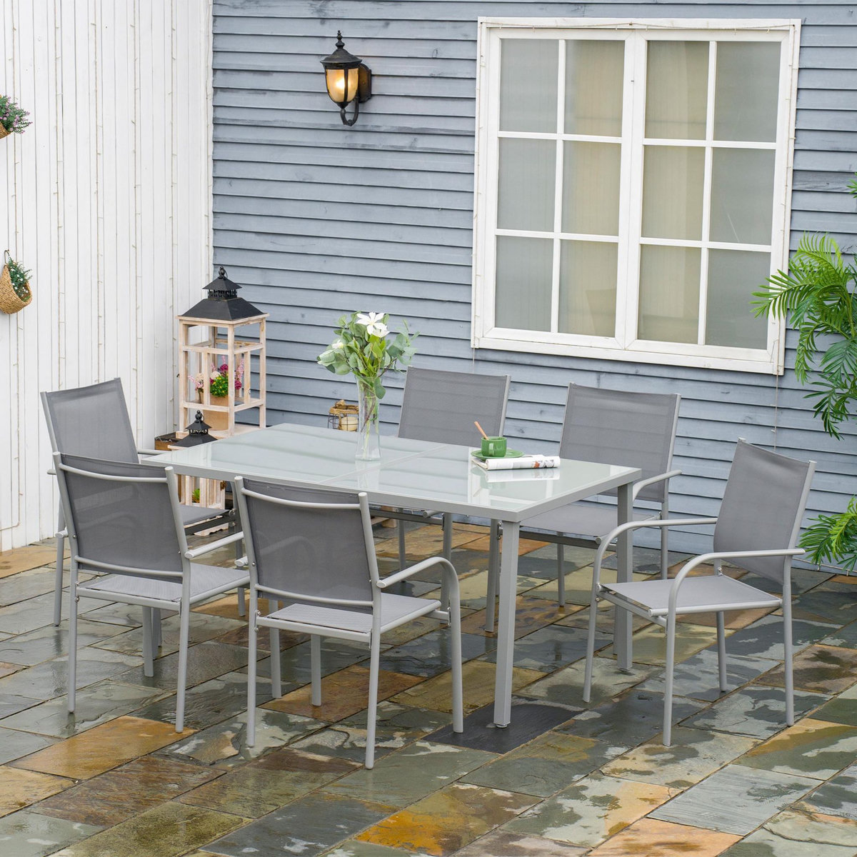 OUTSUNNY Ensemble de jardin 6 personnes chaises empilables table à manger dim. 150L x 90l x 72H cm plateau verre acier époxy textilène gris