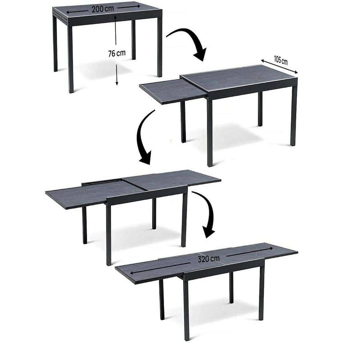 Habitat et Jardin Table extensible et chaises de jardin en aluminium  Lagos  - 200/320 x 105 x 76 cm - 10 places - Gris foncé