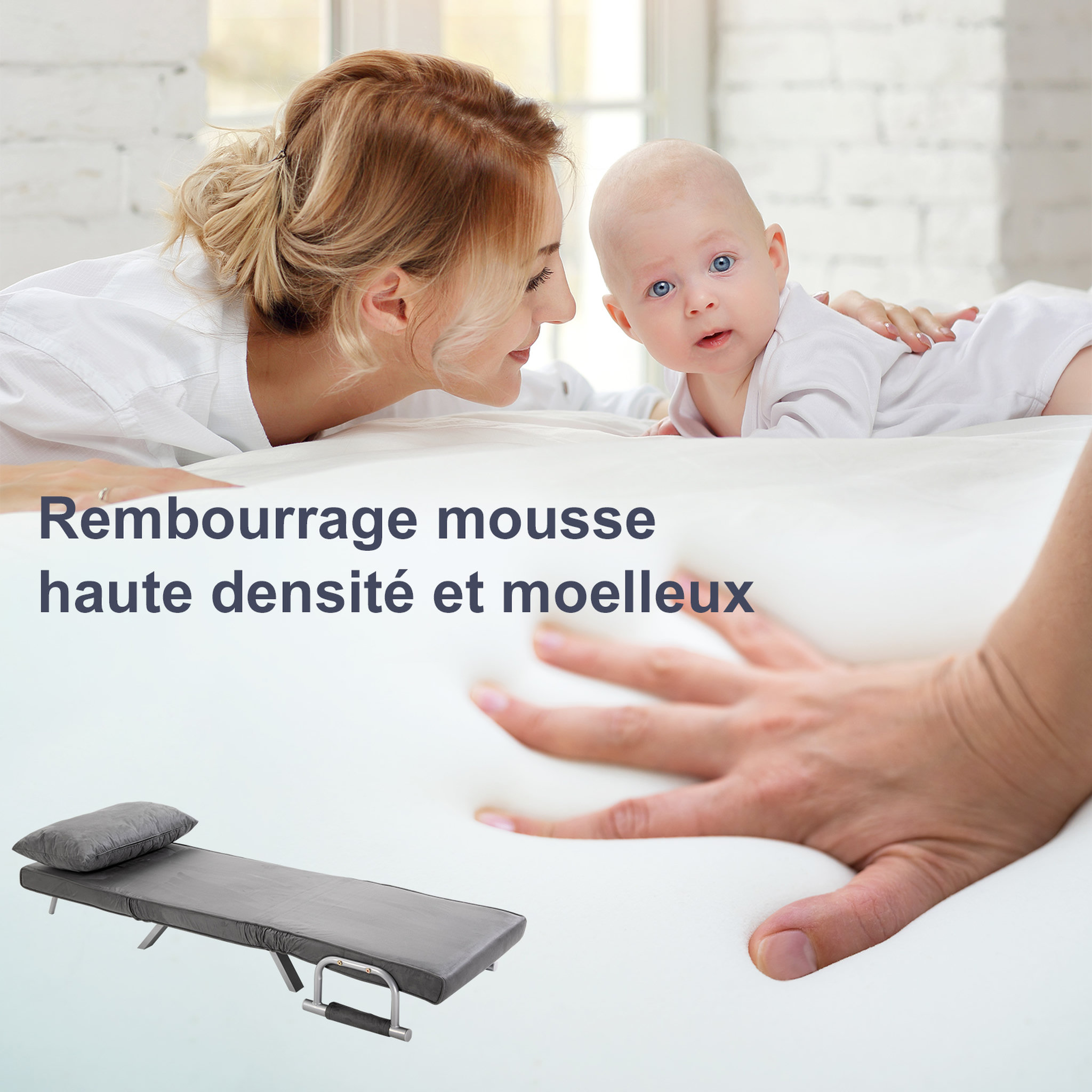 Voir la diapositive 4 : HOMCOM Fauteuil chauffeuse canapé-lit convertible 1 place déhoussable grand confort coussin pieds accoudoirs métal suède gris
