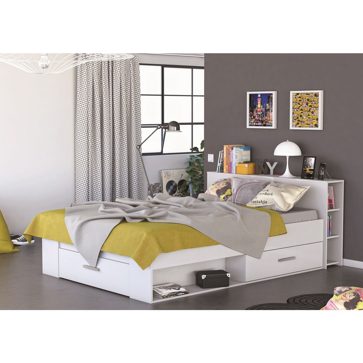 Lit 140 x190 cm avec tête de lit et rangements ILIAN