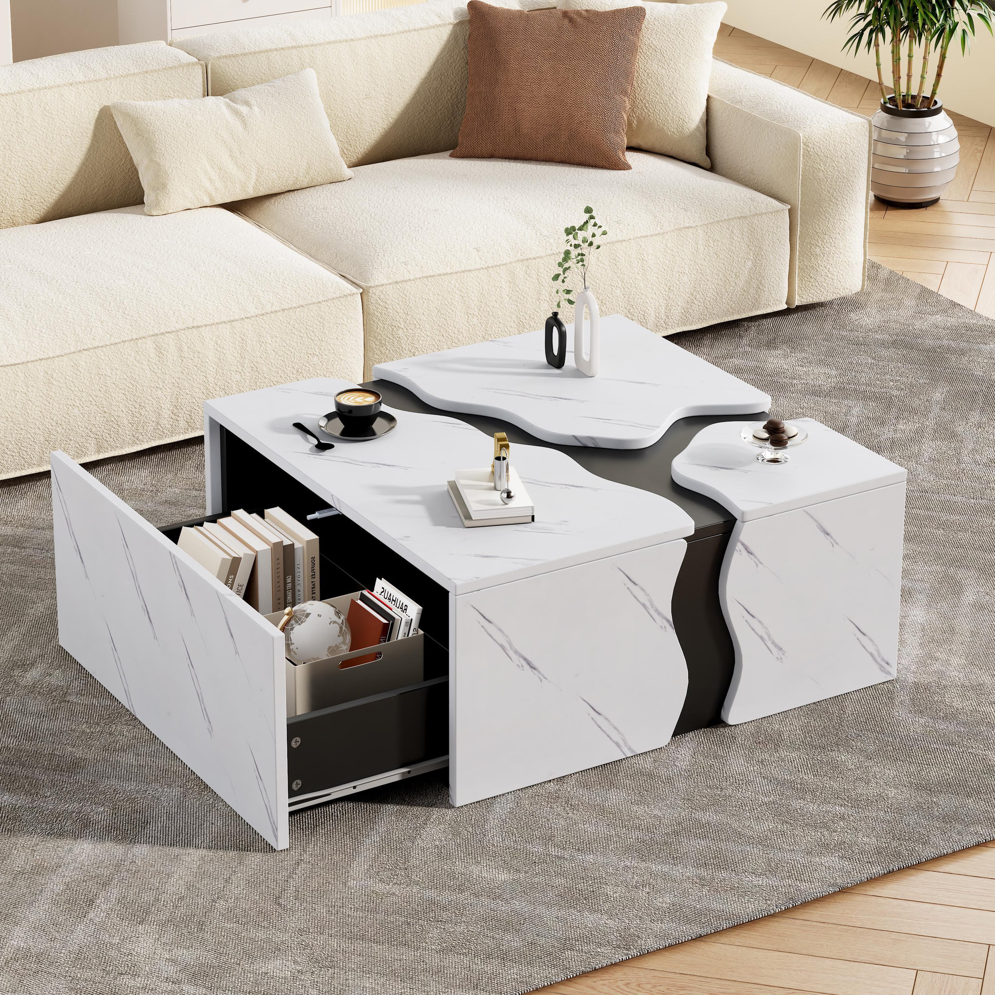 Voir la diapositive 5 : MERAX Table basse carrée blanc avec 1 tiroir - 70x70 cm panneau de particules