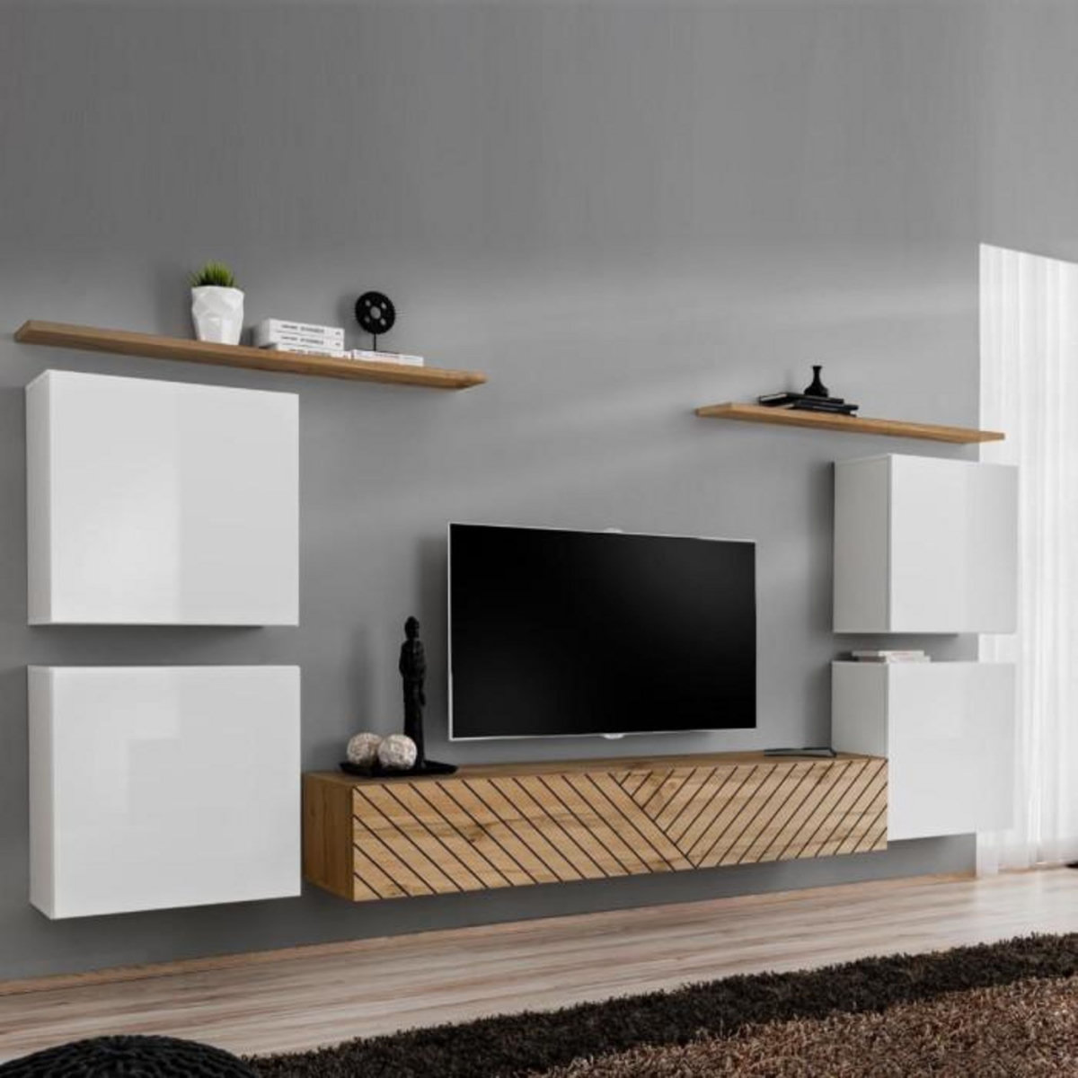 Paris Prix Ensemble Meuble TV  Switch Lamel IV  320cm Naturel & Blanc