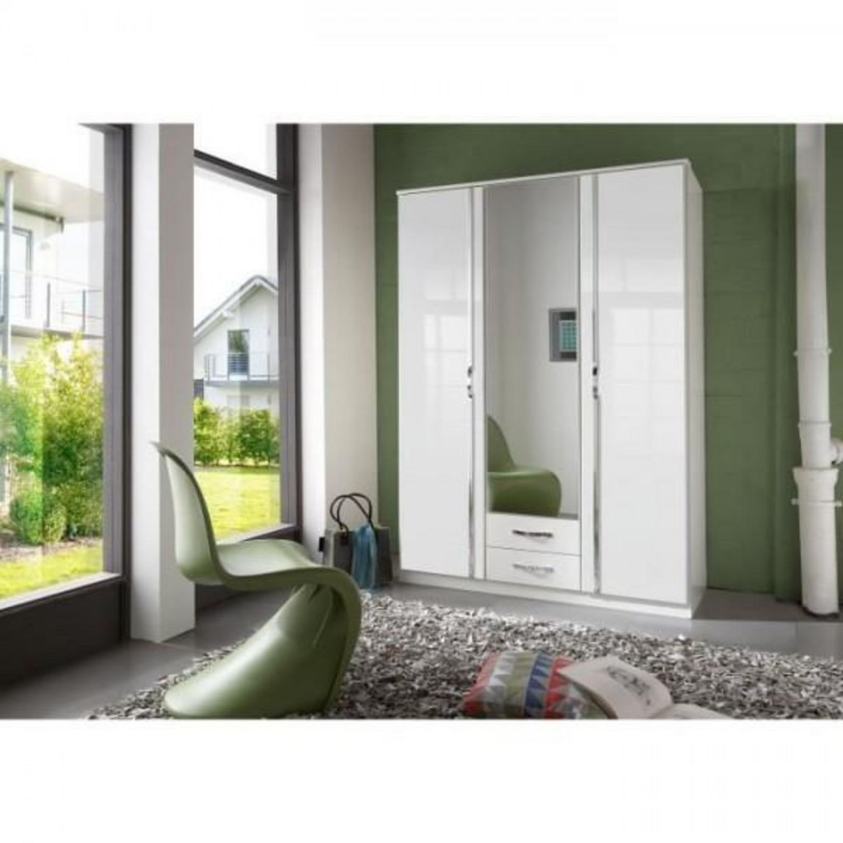 MARKET24 Armoire 3 portes battantes + miroir - Décor blanc brillant - L 135 x P 56 x H 199 cm - TRIO