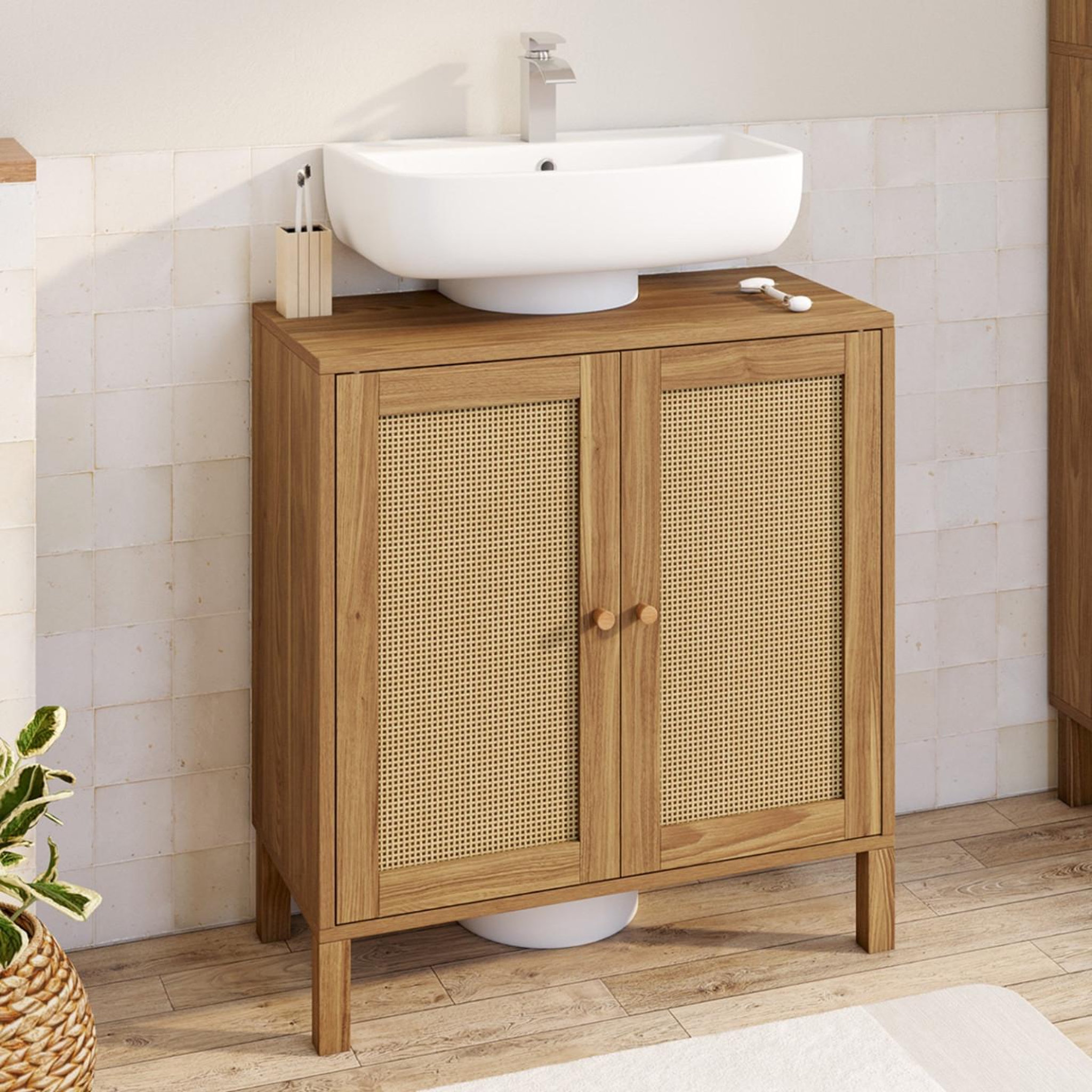 Voir la diapositive 2 : ID MARKET Meuble sous lavabo salle de bain hanae effet naturel cannage