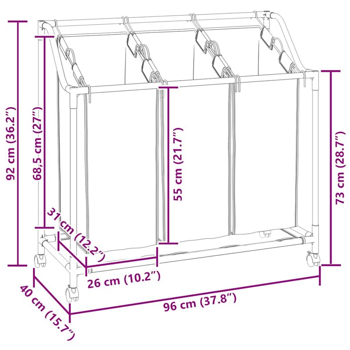 VIDAXL Trieuse a linge avec 3 sacs Creme Acier
