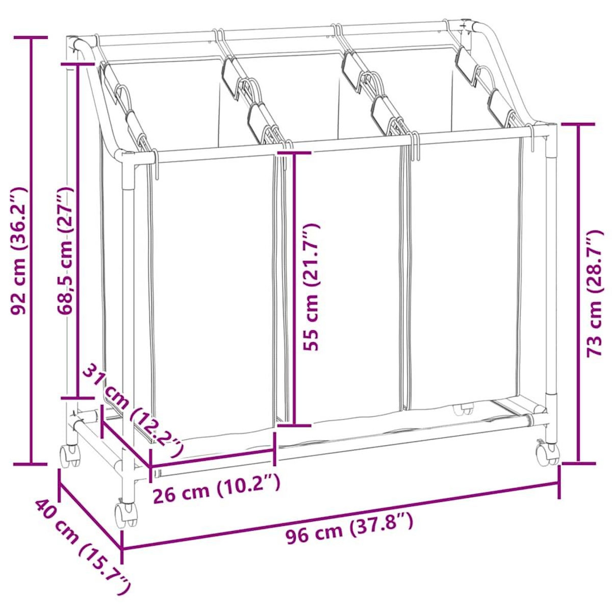 VIDAXL Trieuse a linge avec 3 sacs Creme Acier