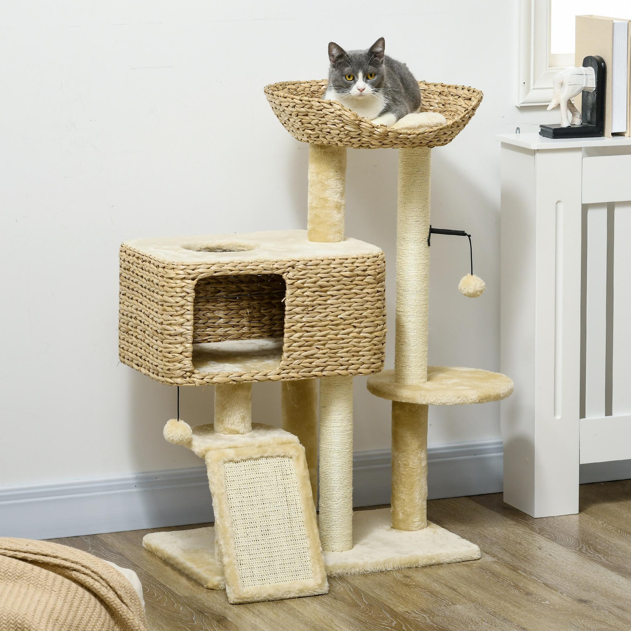 Voir la diapositive 2 : PAWHUT Arbre à chat style cosy chic griffoirs sisal naturel équipement multiple peluche jacinthe d'eau beige