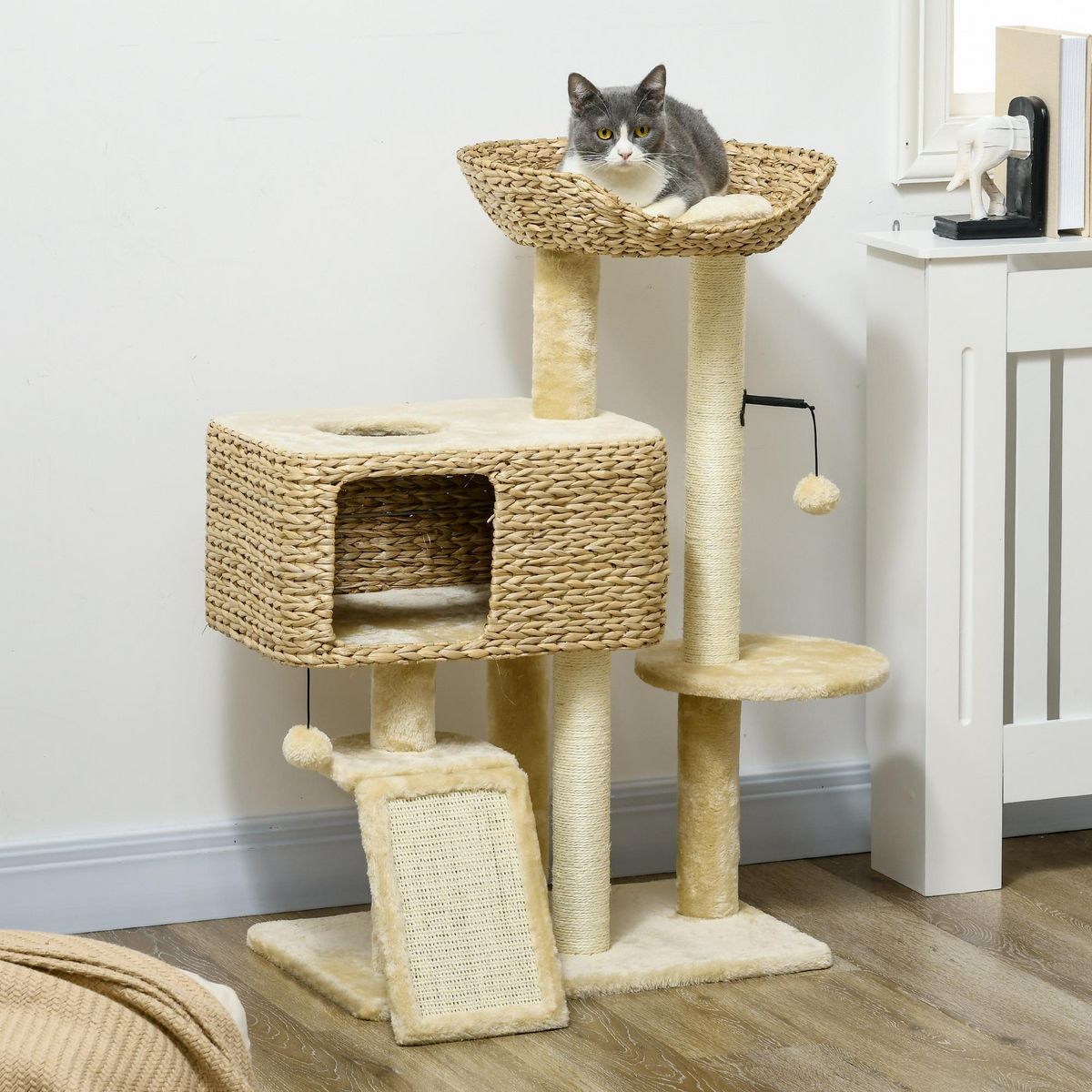 PAWHUT Arbre à chat style cosy chic griffoirs sisal naturel équipement multiple peluche jacinthe d'eau beige