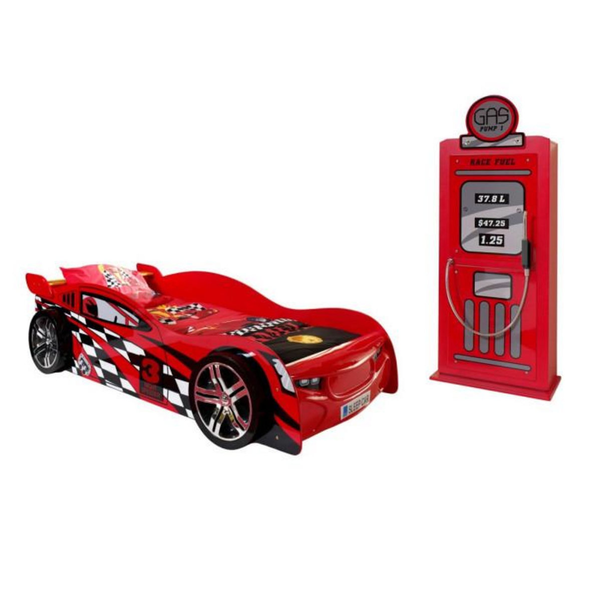 Paris Prix Pack - Lit Enfant Voiture  Night Speeder  & Armoire 1 Porte  Pompe à Essence  Rouge