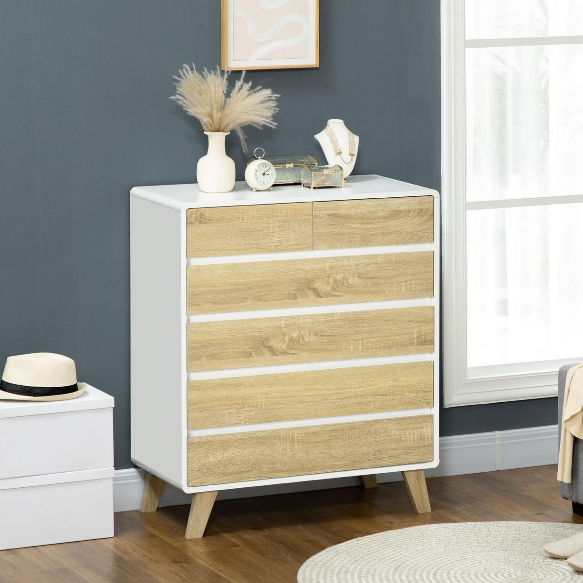 HOMCOM Commode design scandinave - 6 tiroirs - MDF panneaux blanc aspect chêne clair