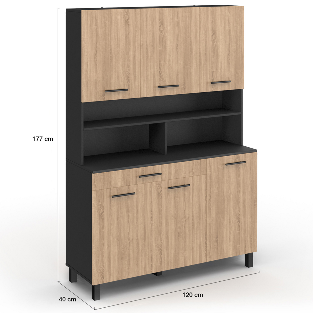 ID MARKET Buffet de cuisine 120 CM CINA 6 portes + tiroir noir et façon hêtre