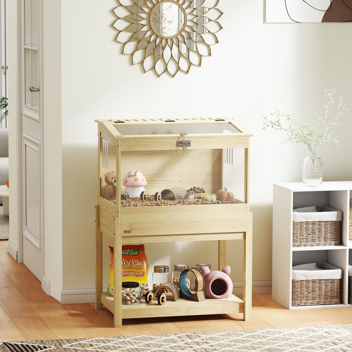 PAWHUT Cage à hamster rongeur en bois - toit ouvrant verrouillable, fenêtres acrylique, étagère - dim. 83 x 50 x 103 cm - MDF effet bois