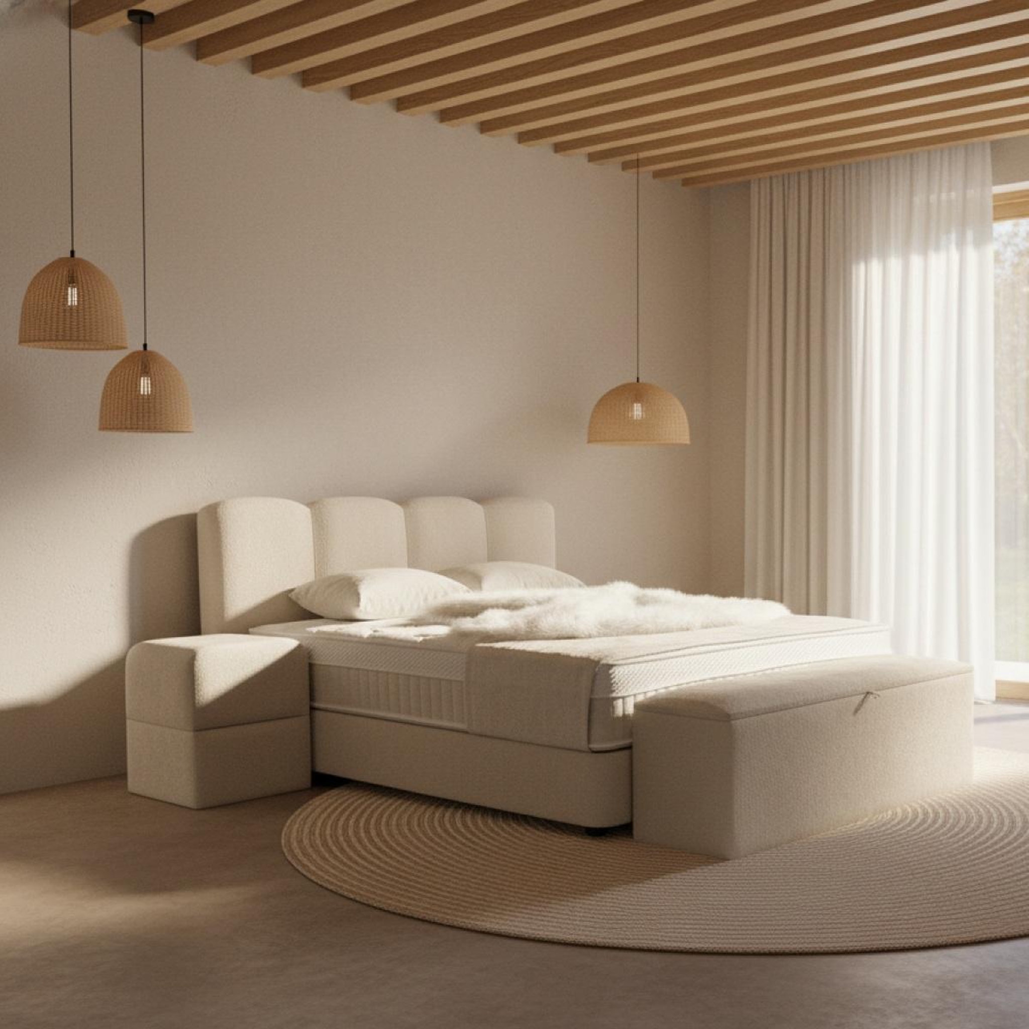 Voir la diapositive 2 : JLC KREATION Lit boxspring coffre 140cm en tissu + matelas + surmatelas amaury