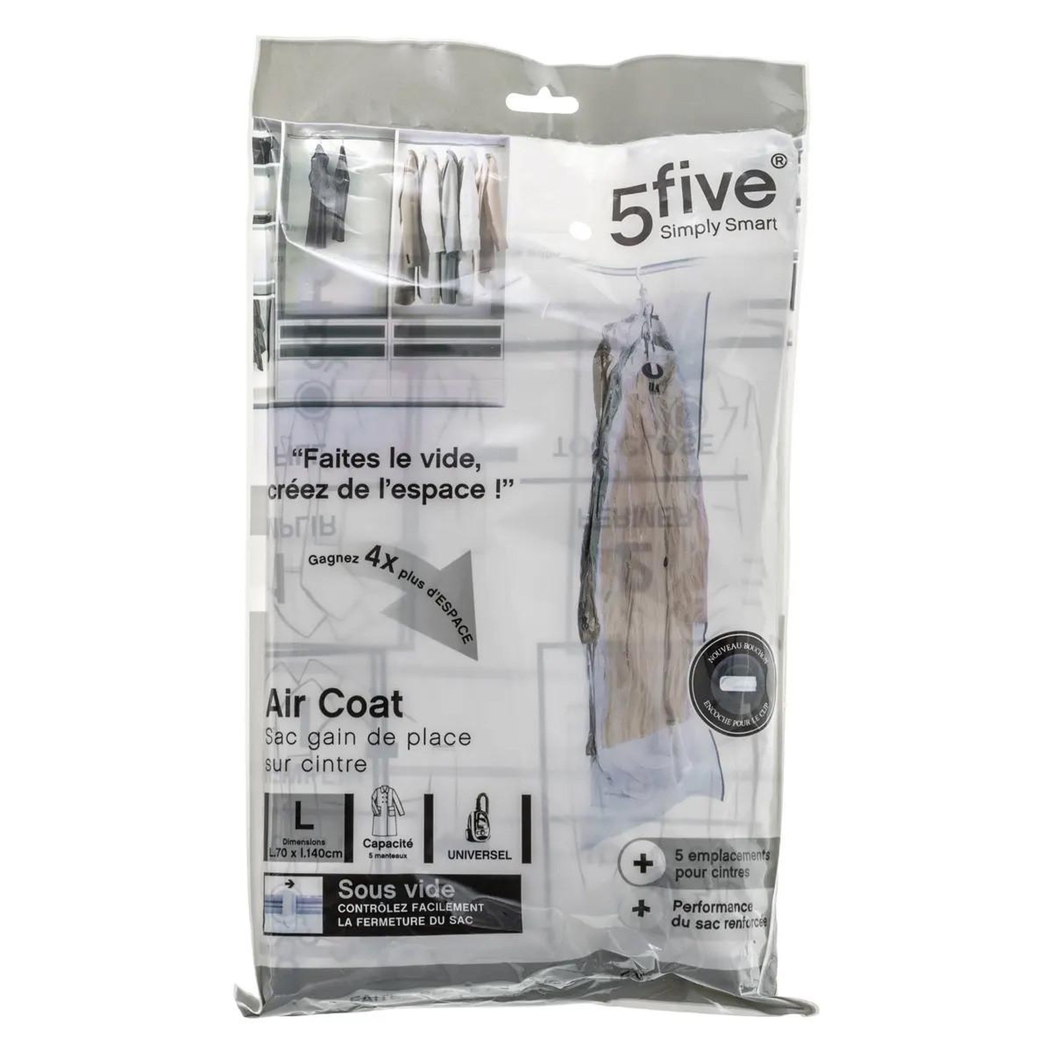 Voir la diapositive 2 : FIVE Sac compresseur & cintre  carry  140cm transparent