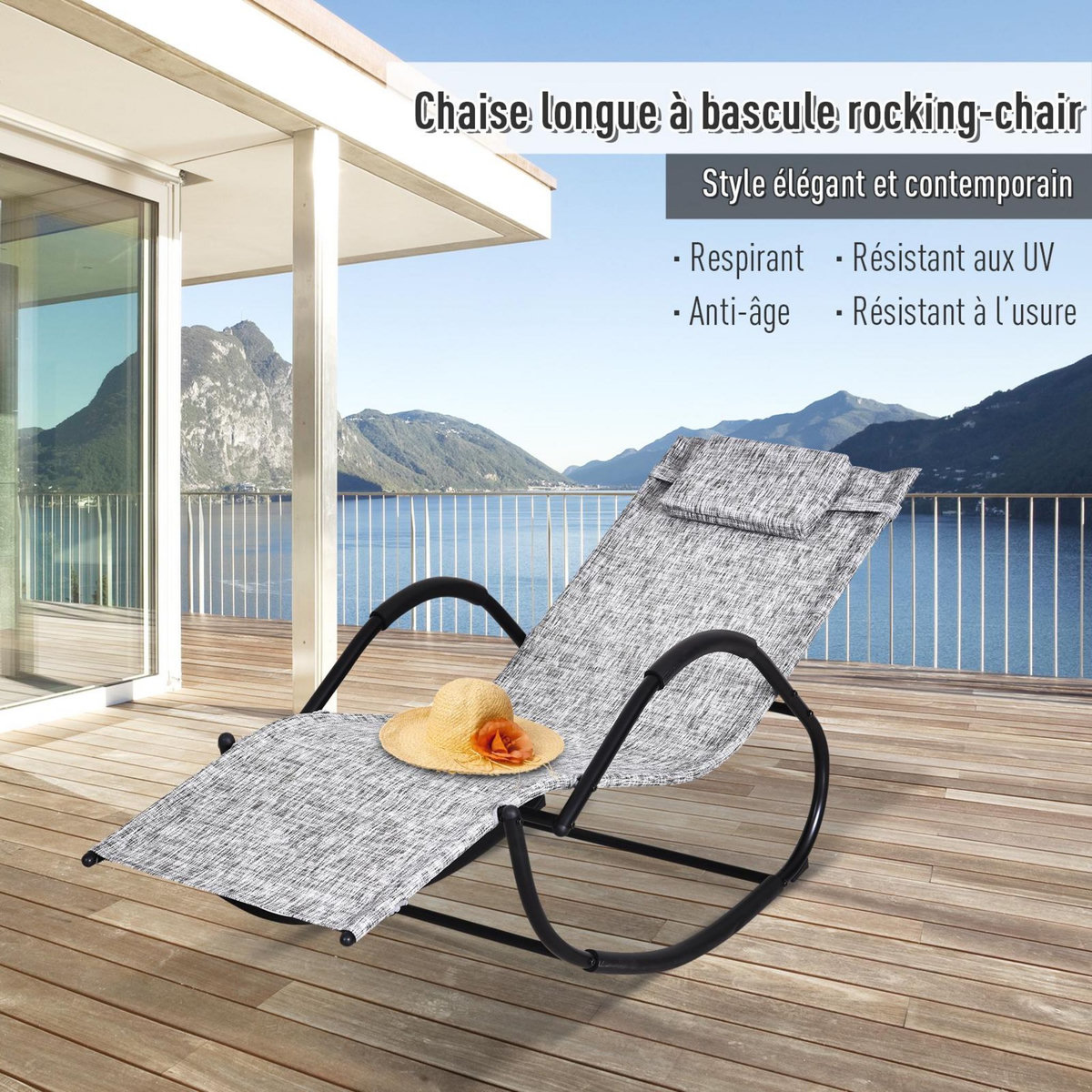 OUTSUNNY Chaise longue à bascule rocking chair design contemporain dim. 160L x 61l x 79H cm métal textilène gris chiné
