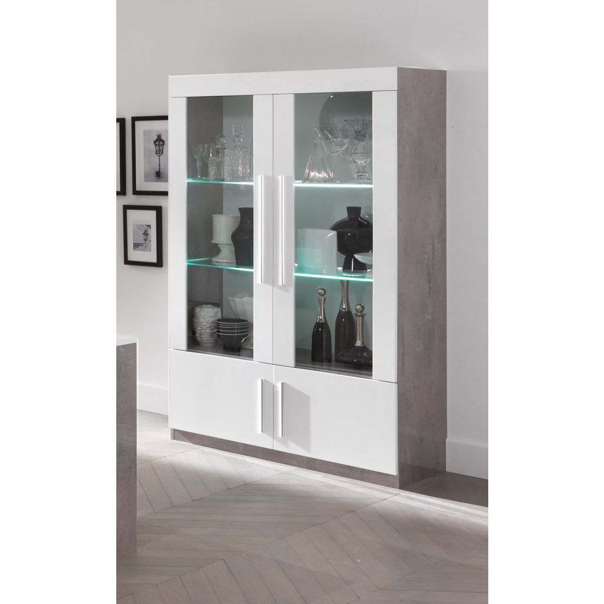 Vitrine 2 portes LED inclus laqué blanc brilant décor bêton marbré TORINO