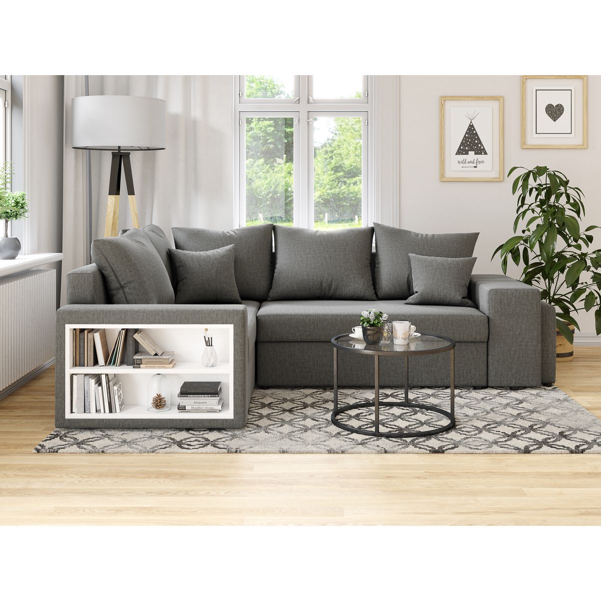 Canapé d'angle convertible réversible 5 places avec étagères et poufs intégrés AUSTIN XL