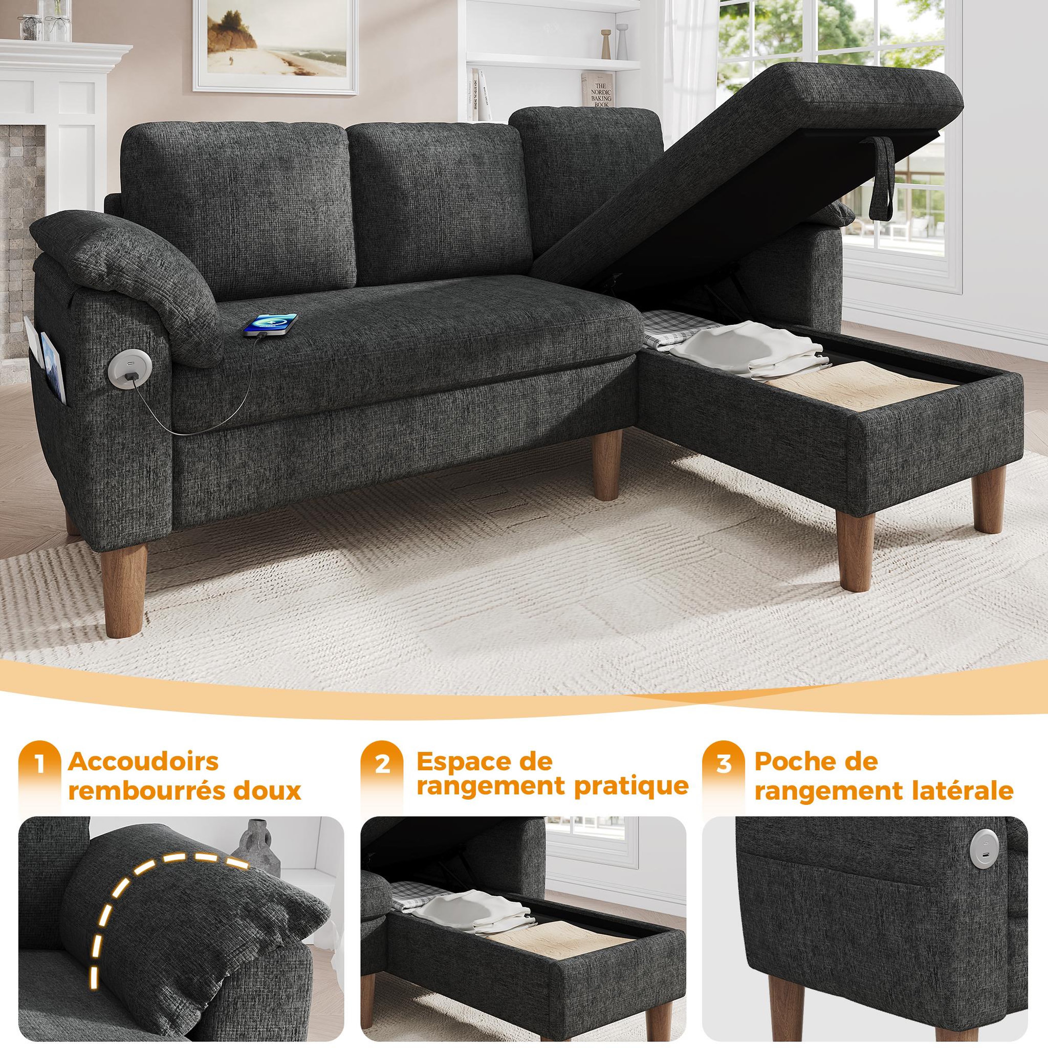Voir la diapositive 5 : MERAX Canapé d'angle 3 places avec méridienne coffre tissu chenille usb type-c