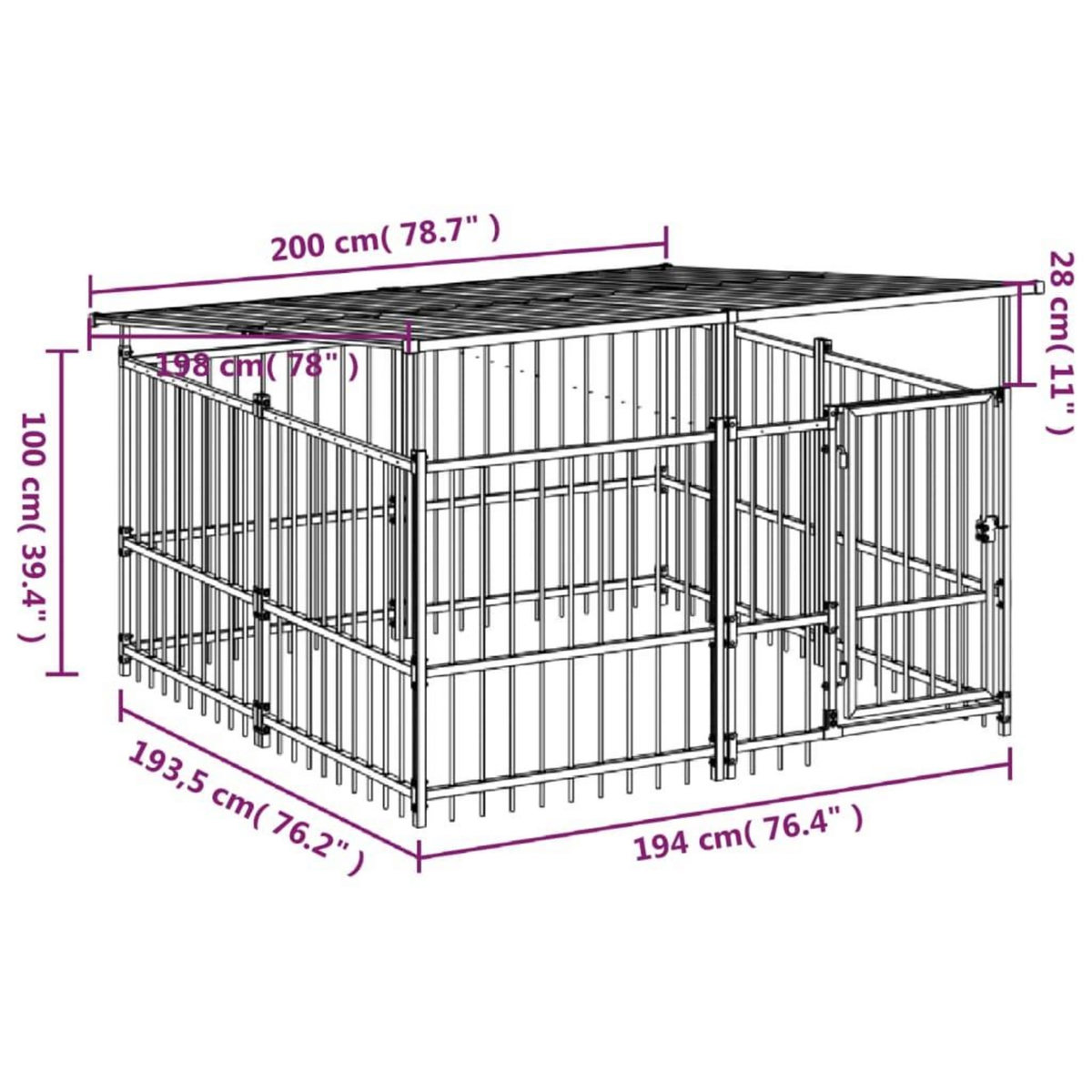 VIDAXL Chenil d'exterieur avec toit pour chiens Acier 3,75 m²