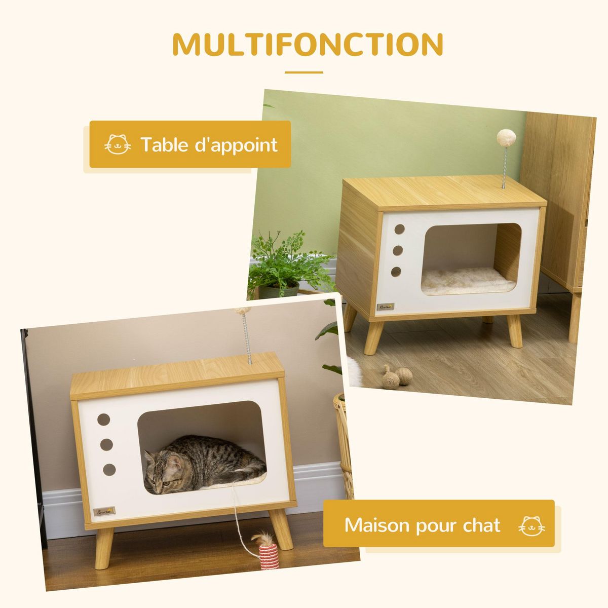 PAWHUT Maison pour chat design poste de télévision - niche chat panier chat - 2 coussins amovibles, boule à ressort - panneaux aspect bois clair blanc