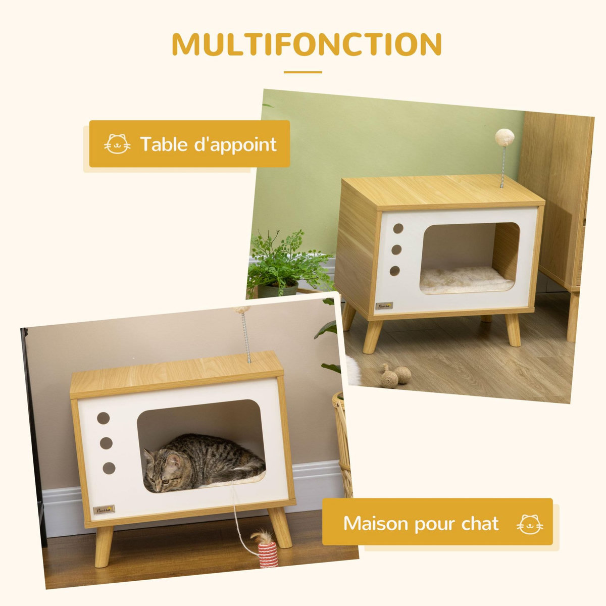 PAWHUT Maison pour chat design poste de télévision - niche chat panier chat - 2 coussins amovibles, boule à ressort - panneaux aspect bois clair blanc