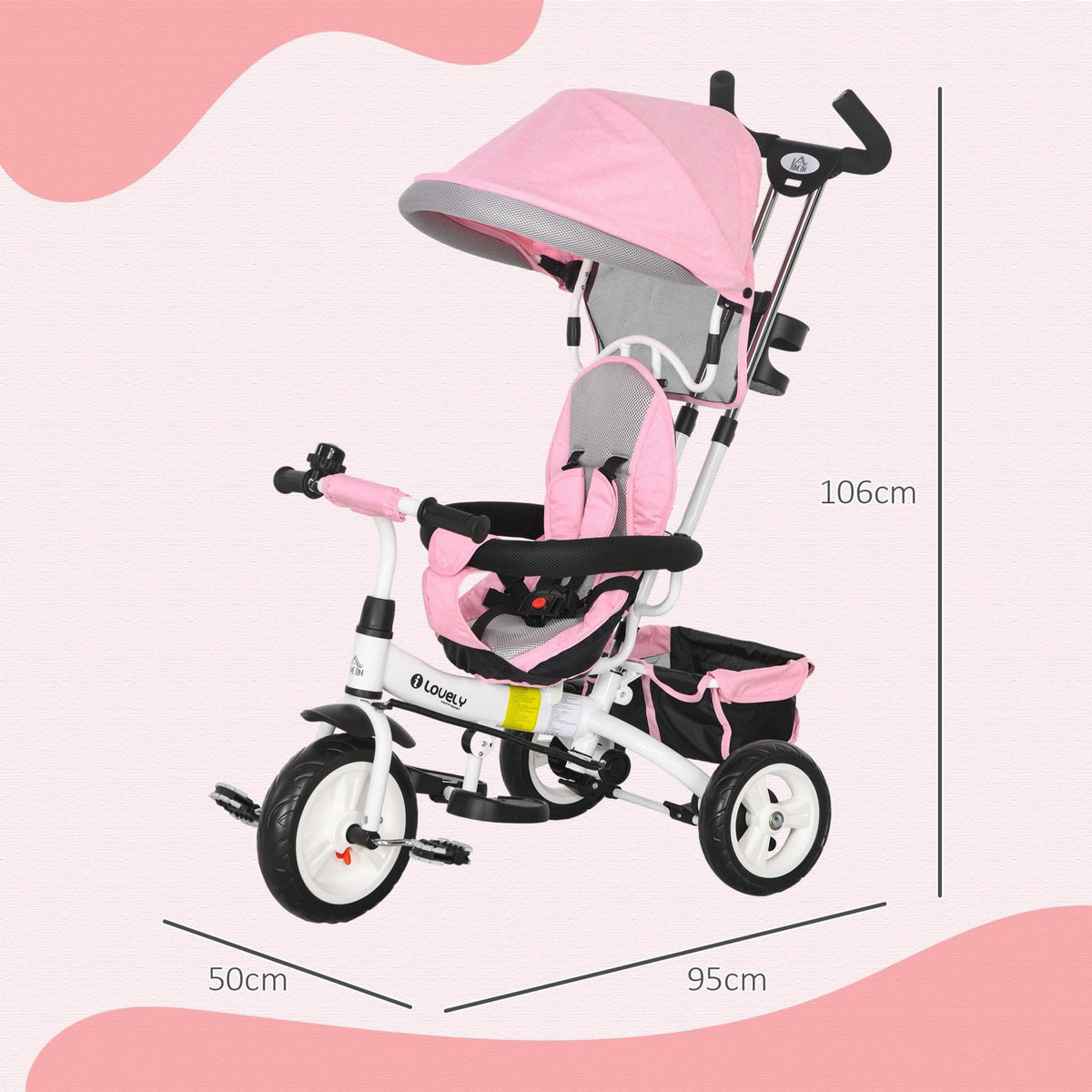 HOMCOM Tricycle enfant évolutif pare-soleil pliable canne télescopique amovible acier rose