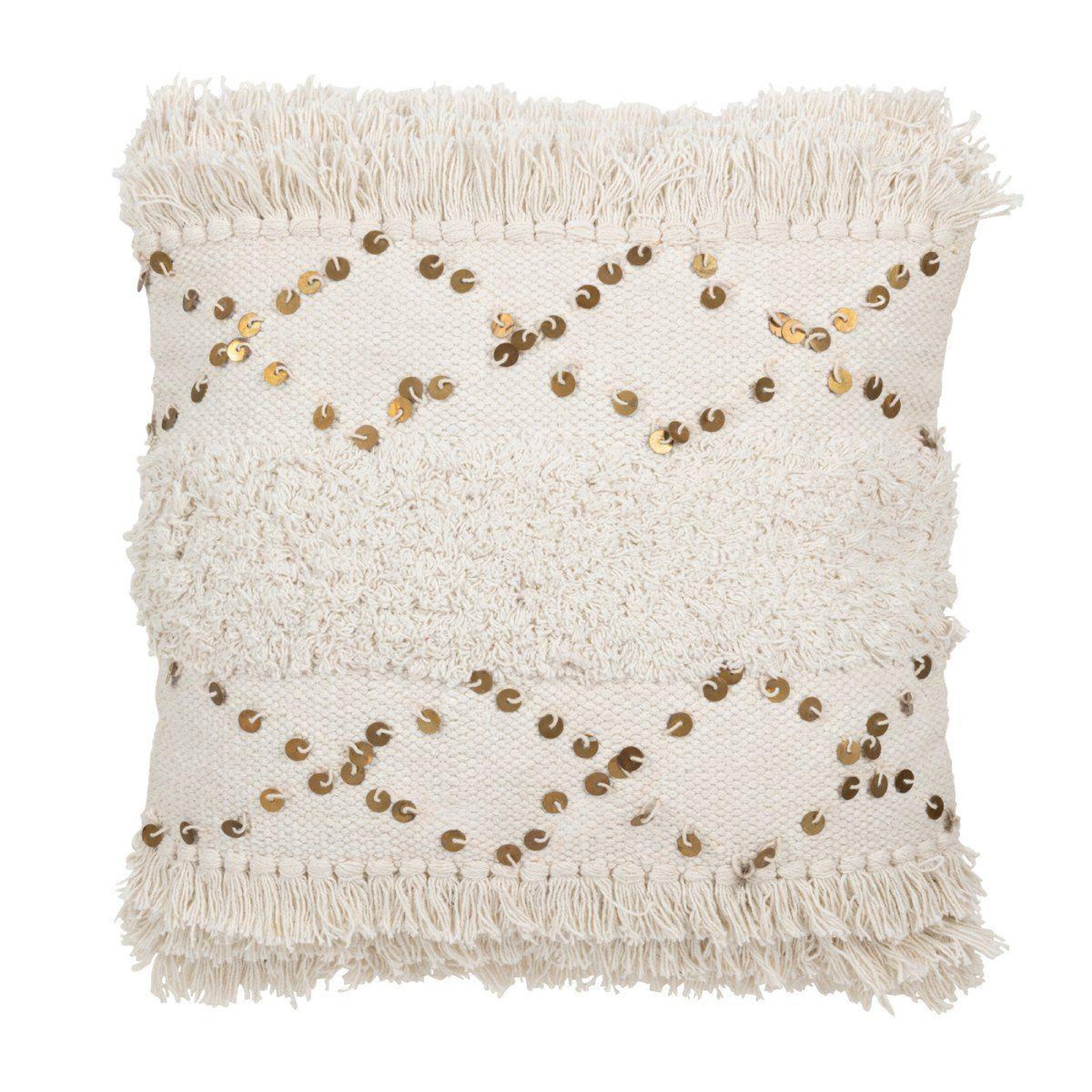 J-LINE Coussin tufté franges & sequins  dubai  45x45cm blanc