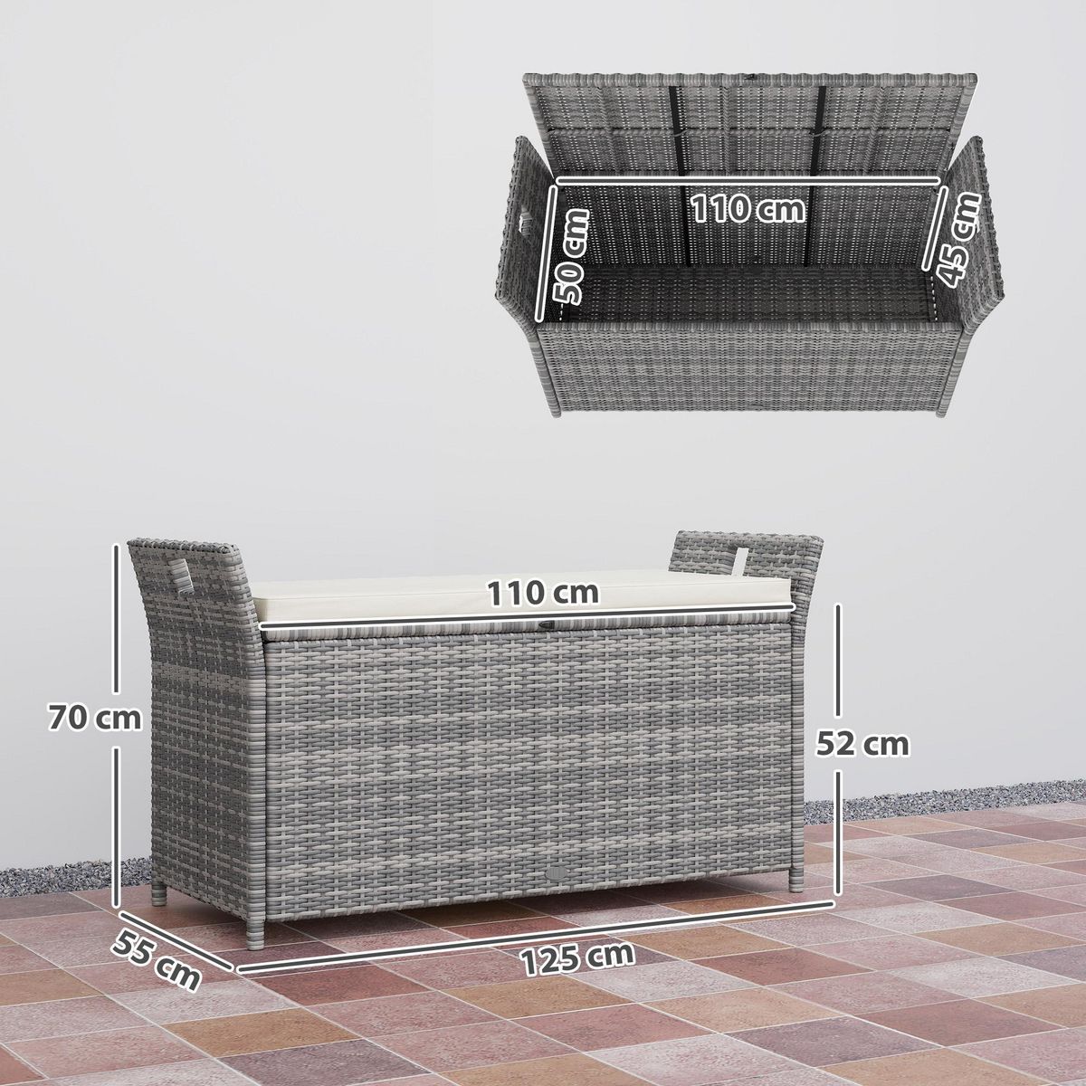 OUTSUNNY Coffre de jardin en résine tressée avec poignées et coussin déhoussable dim. 125 x 55 x 70 cm gris