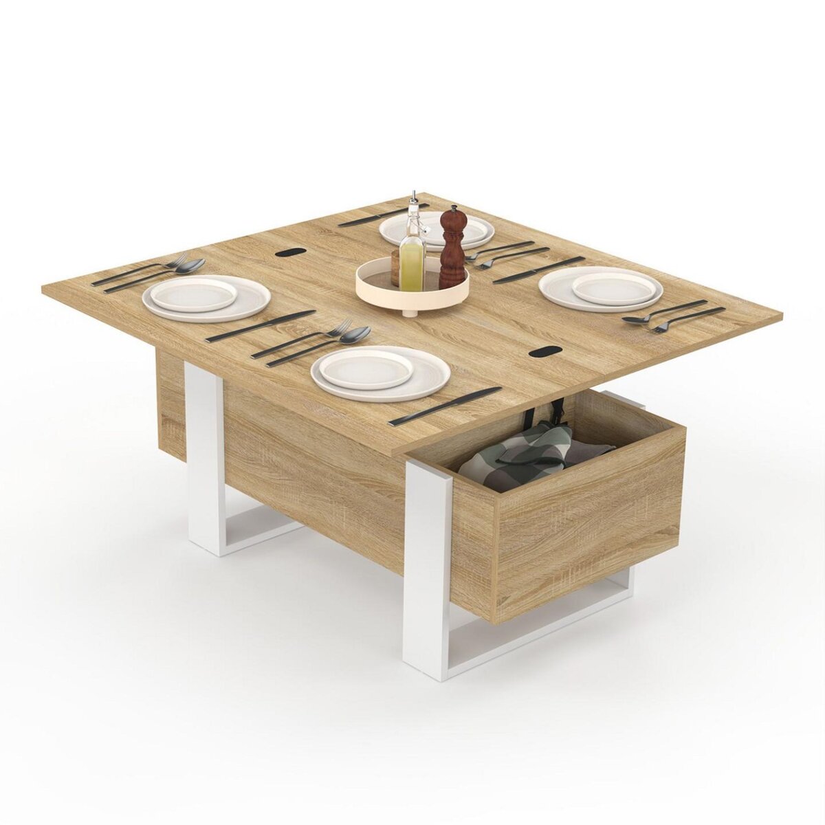ID MARKET Table basse plateau relevable rectangulaire convertible en table à manger PHOENIX 97,5 cm bois et blanc