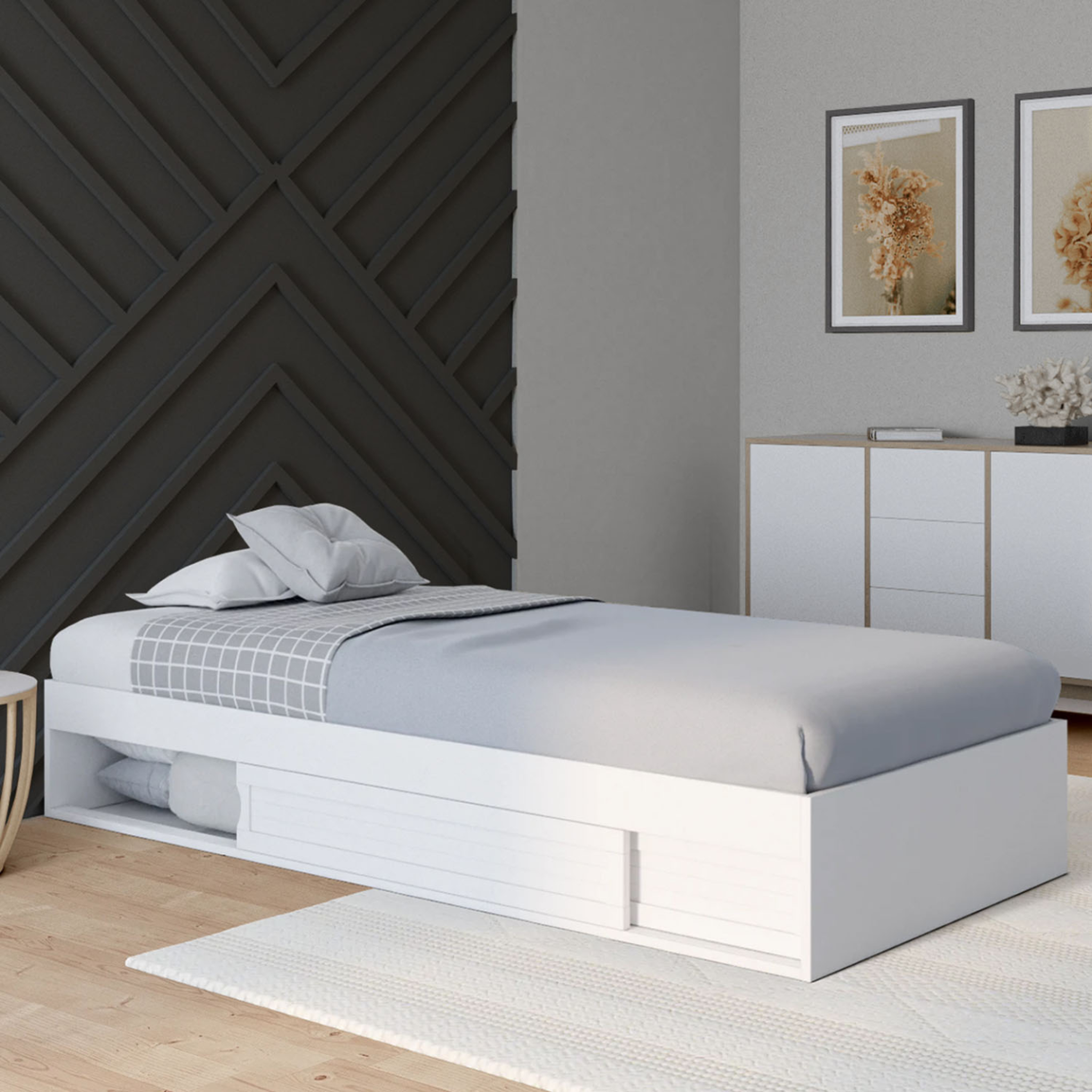 Voir la diapositive 2 : ID MARKET Cadre de lit simple salem avec rangement et sommier 90 x 190 cm blanc