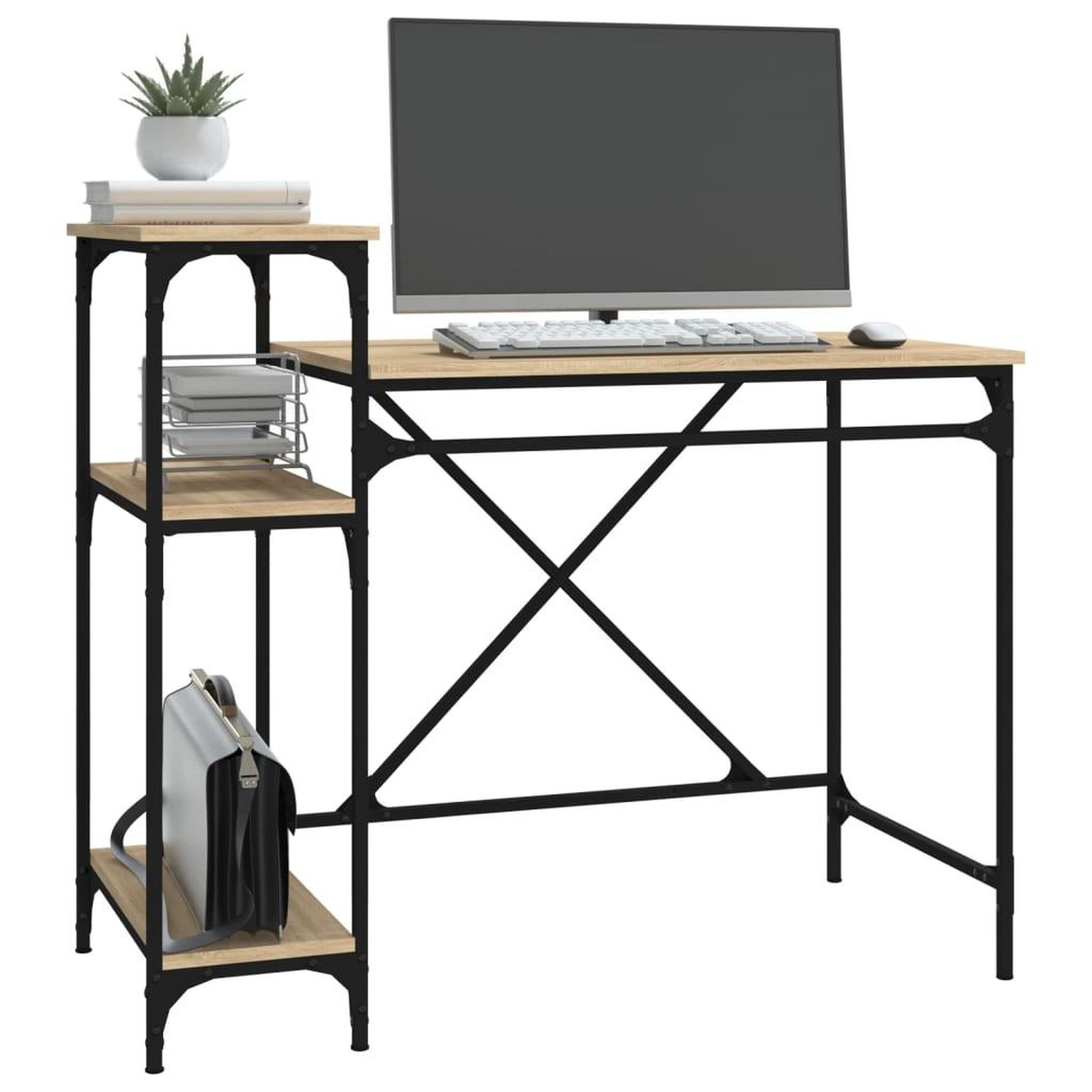 Voir la diapositive 4 : VIDAXL Bureau avec etageres chene 105x50x90cm bois d'ingenierie et fer