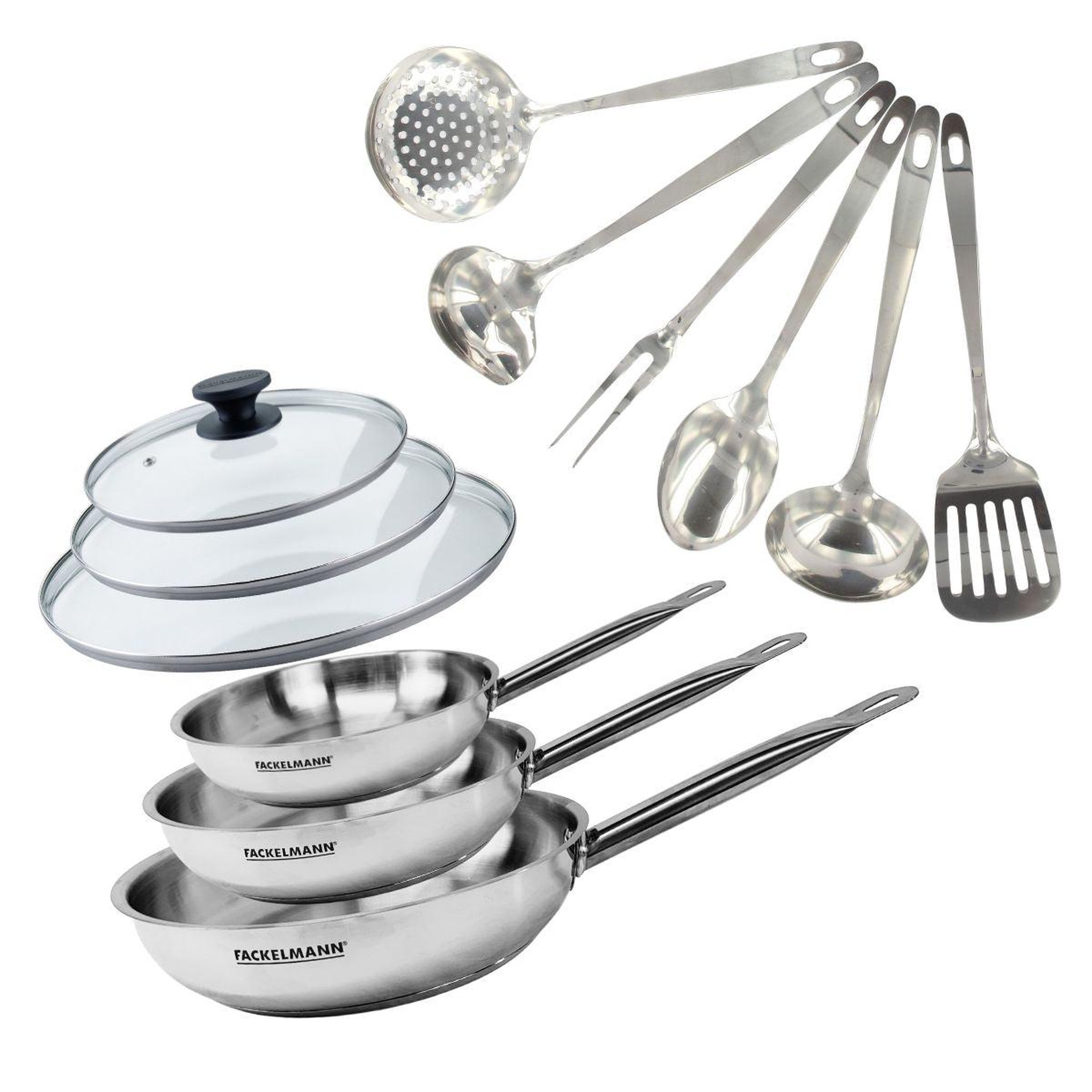 Fackelmann Set de 3 poêles 20, 24 et 28 cm en inox, 3 couvercles verre et 6 ustensiles inox fackelmann eterna