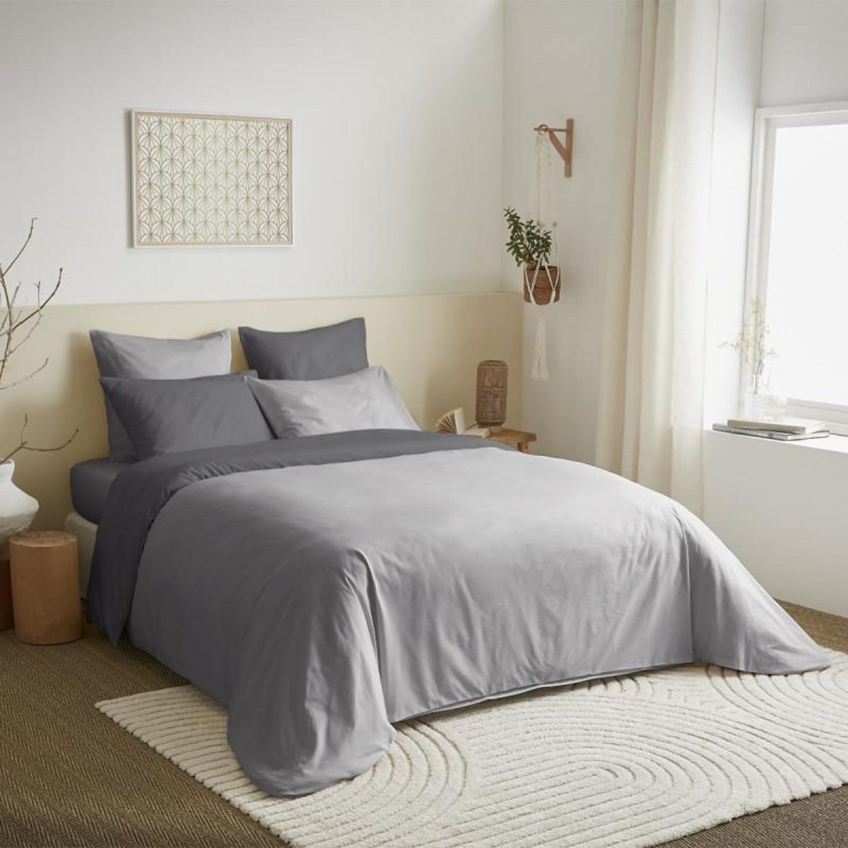 COTON PUR Pack complet 6 pièces Gris/Anthracite réversible housse de couette pour lit 140 x 190 cm