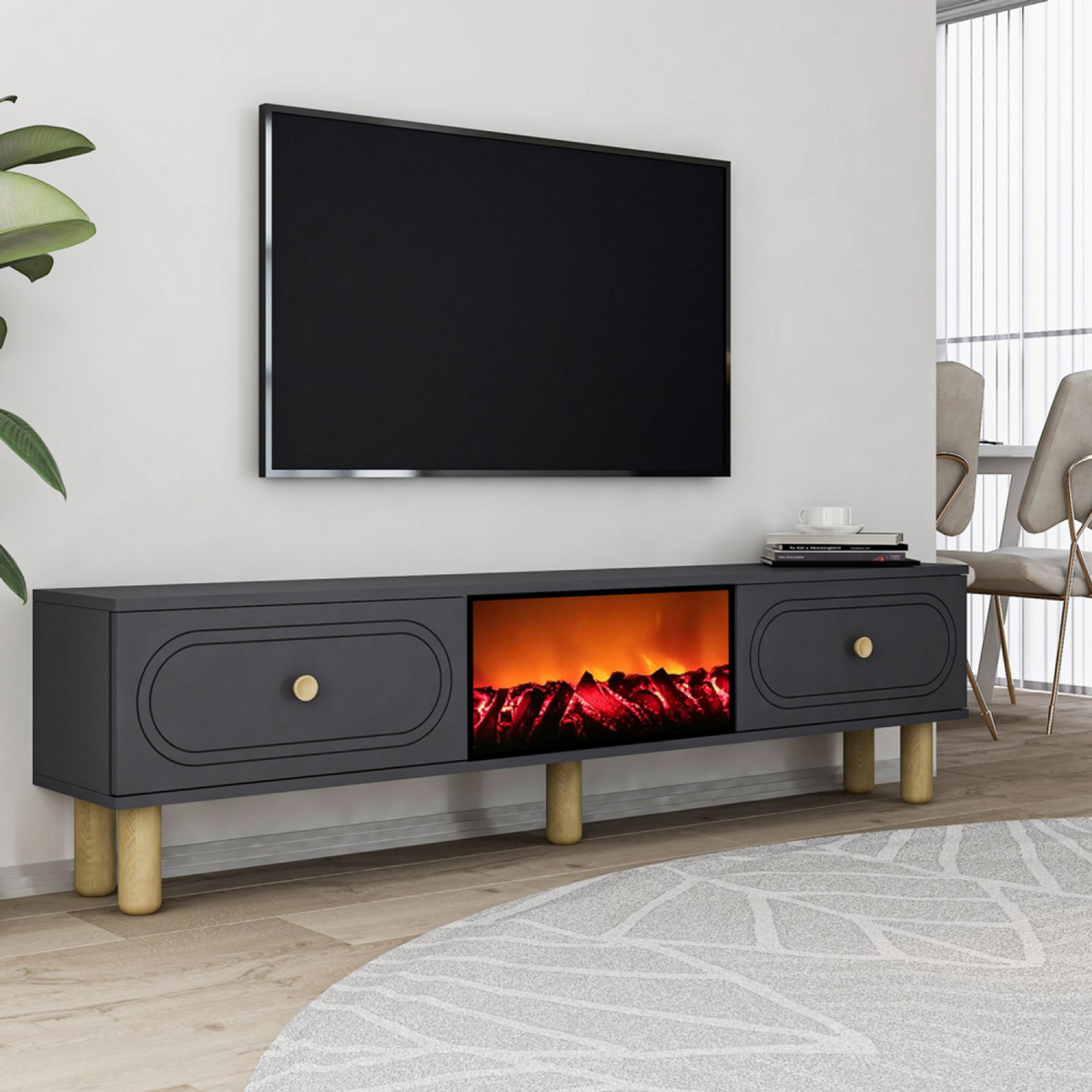 CONCEPT USINE Meuble TV avec cheminée LED 150cm gris anthracite FYRI