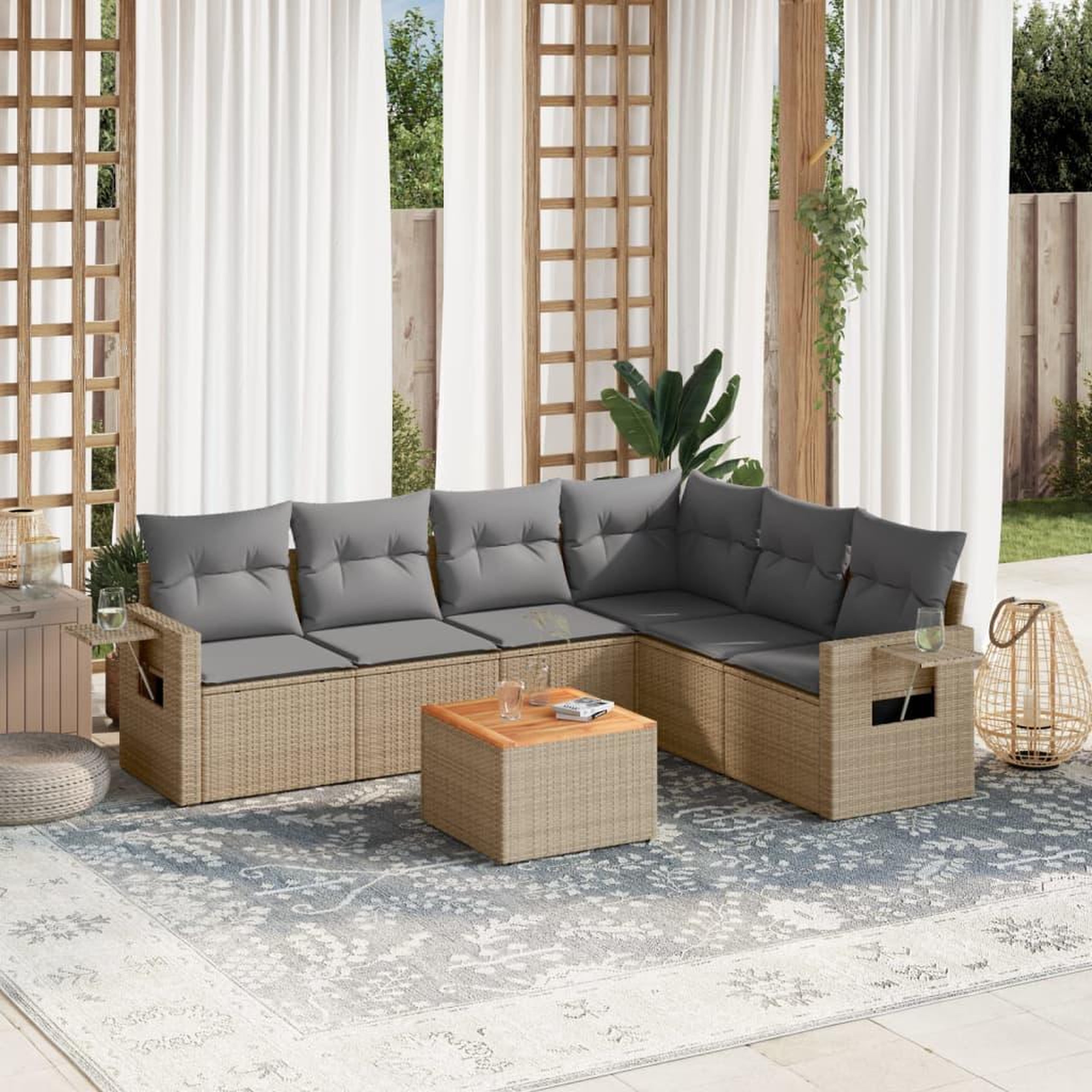VIDAXL Salon de jardin avec coussins 7pcs melange beige resine tressee