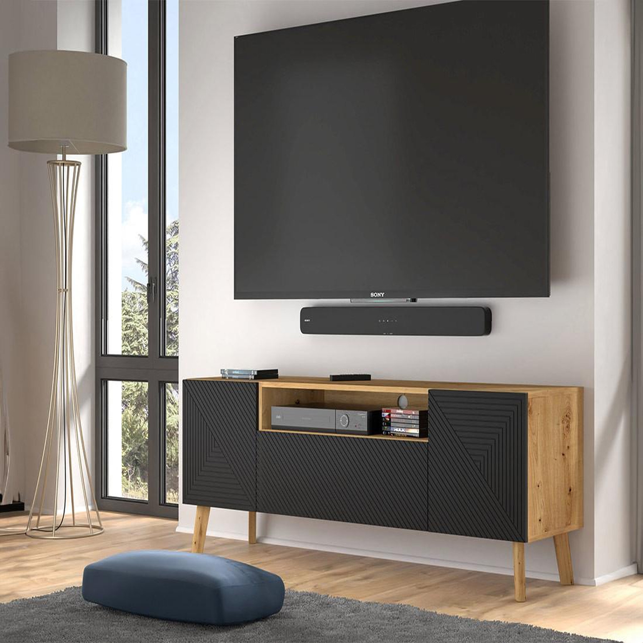 BEST MOBILIER Velato - meuble tv - effet bois et noir - 3 portes et 1 niche - 160 cm. Coloris disponibles : Marron